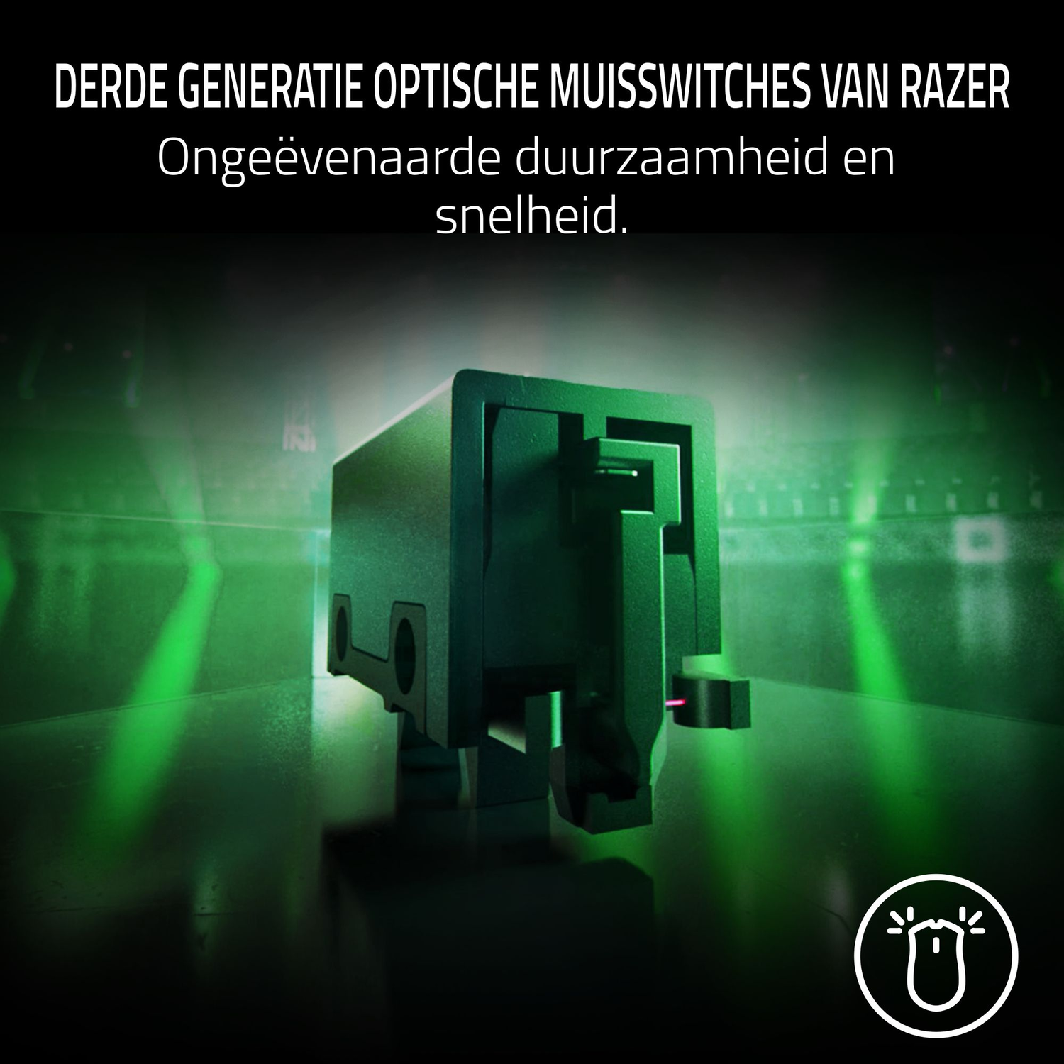 A close up of a green switch, with text at the top and a logo at the bottom.