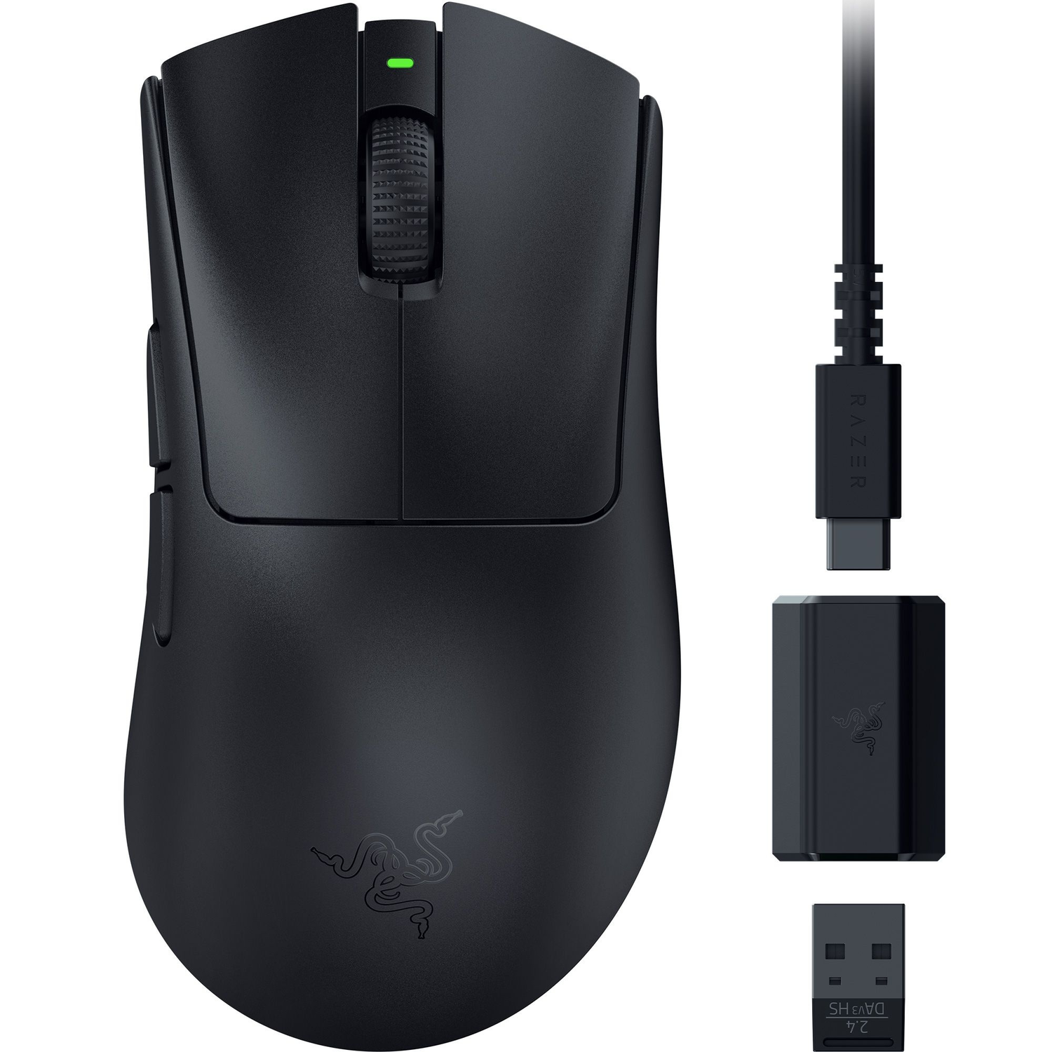 Een zwarte gamingmuis met een USB-C-kabel en een USB-ontvanger.