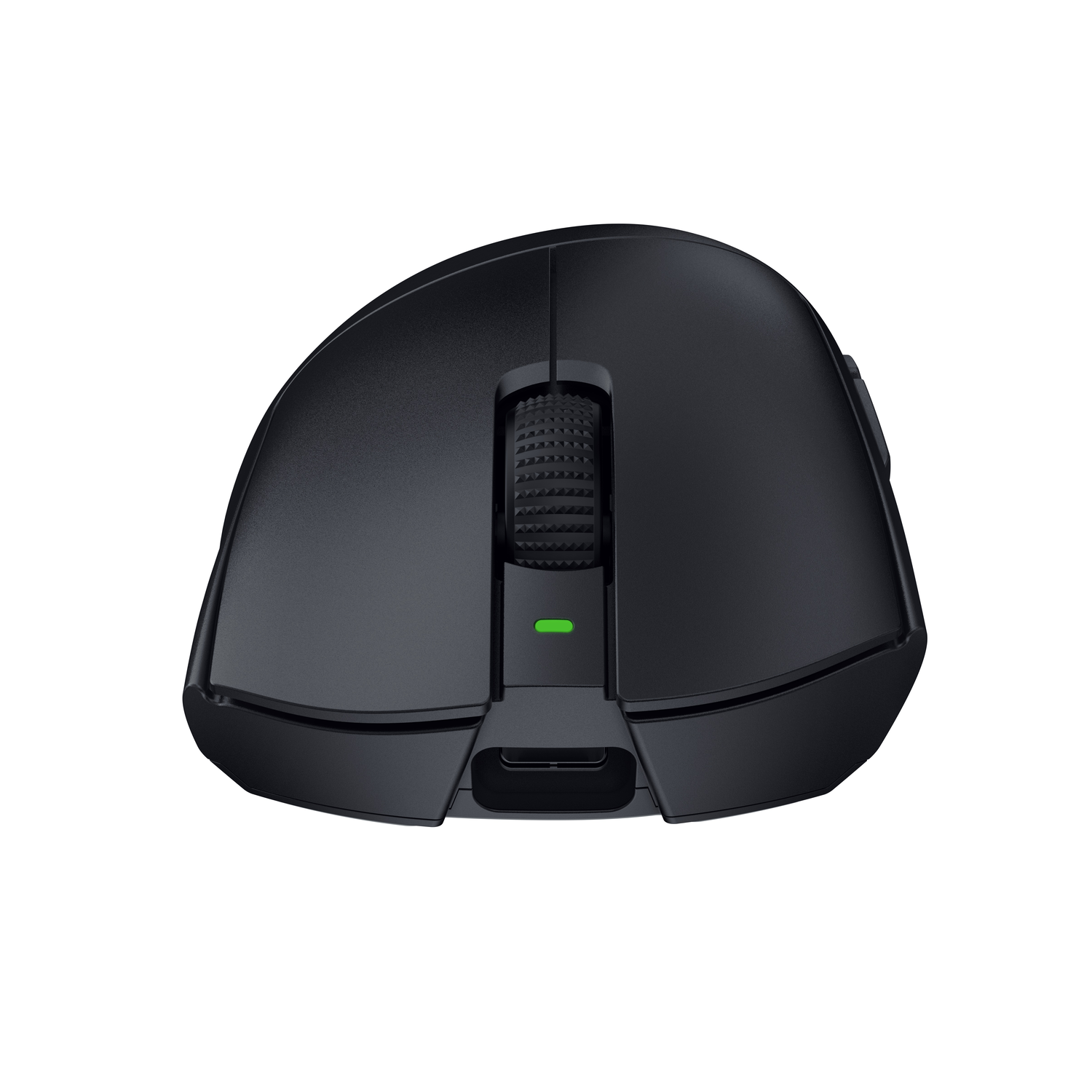 Zwarte computermuis met een scrollwiel en een groen lampje, van bovenaf gezien.