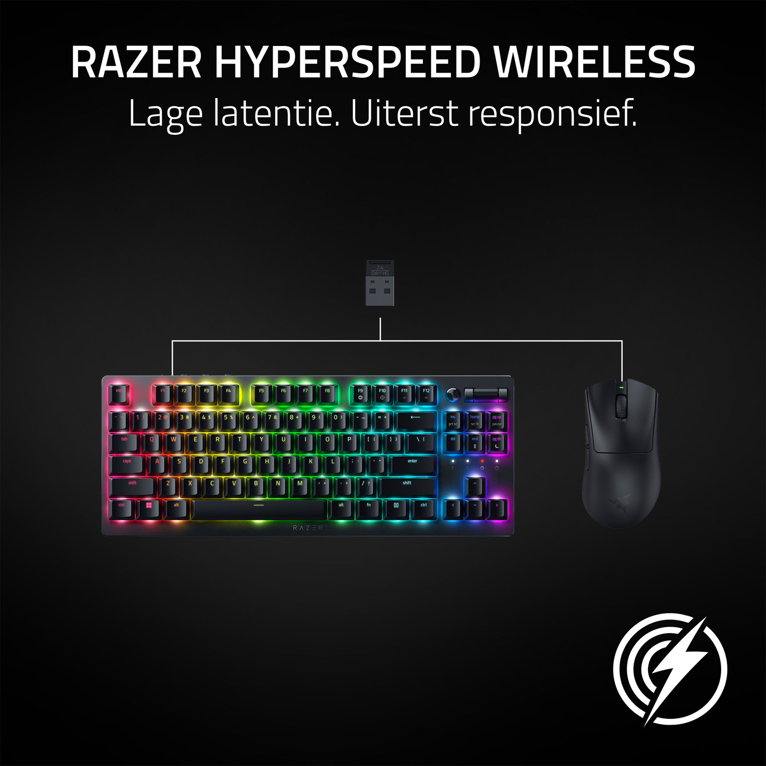 Razer toetsenbord en muis op zwarte achtergrond, met tekst over snelheid.