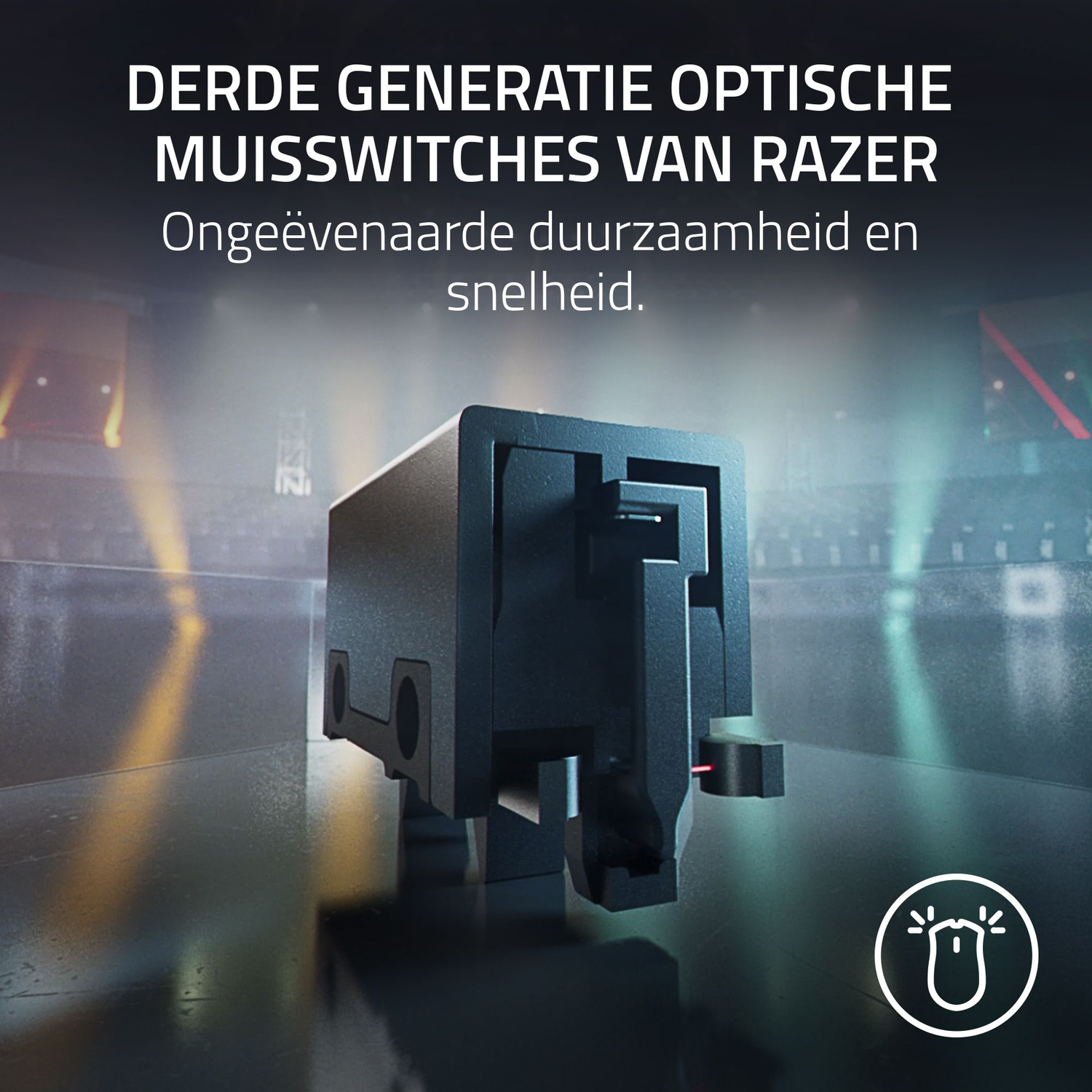 Close-up van een Razer muisswitch, optisch van de derde generatie, op een podium.