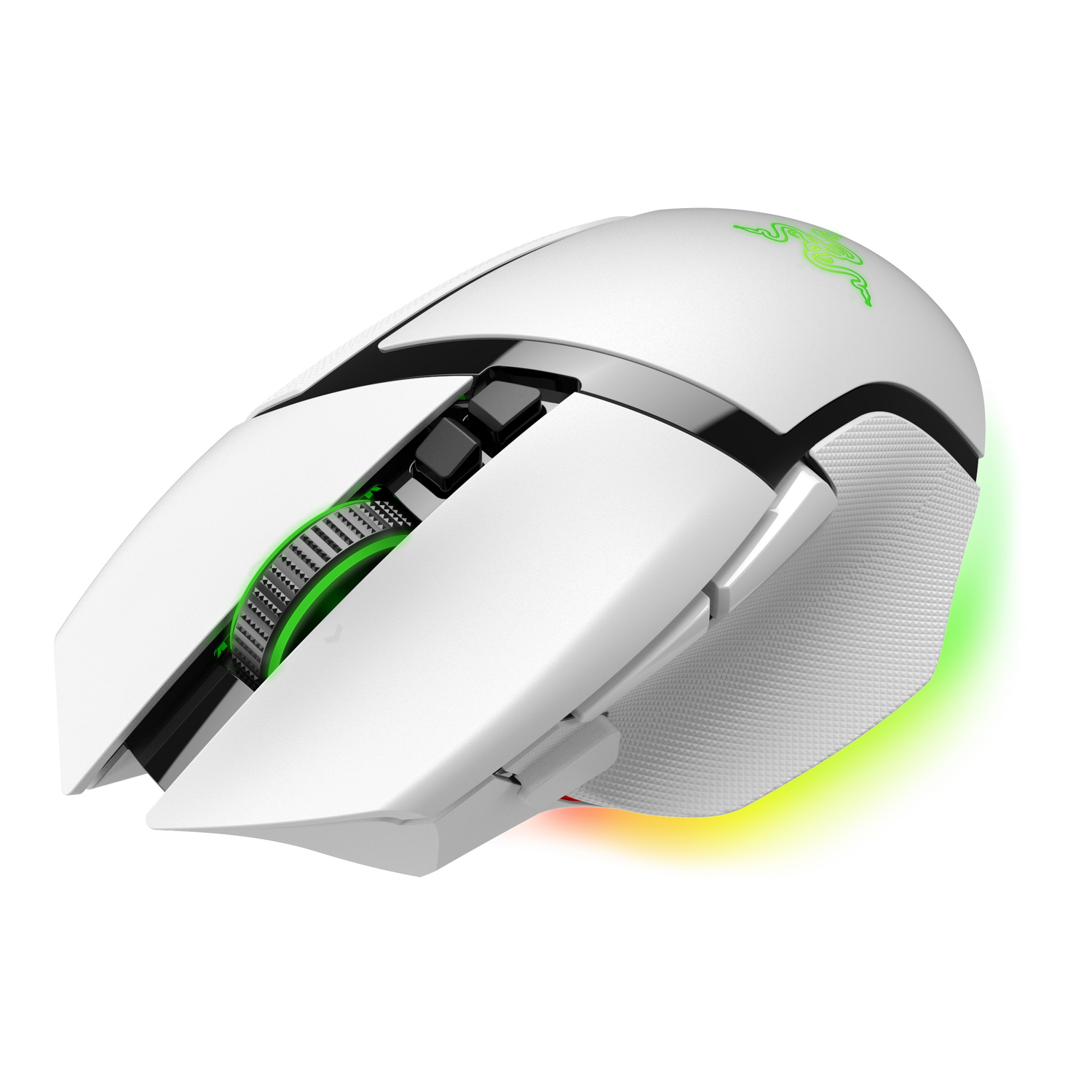 Een witte gaming muis met een groen en kleurrijk wieltje.