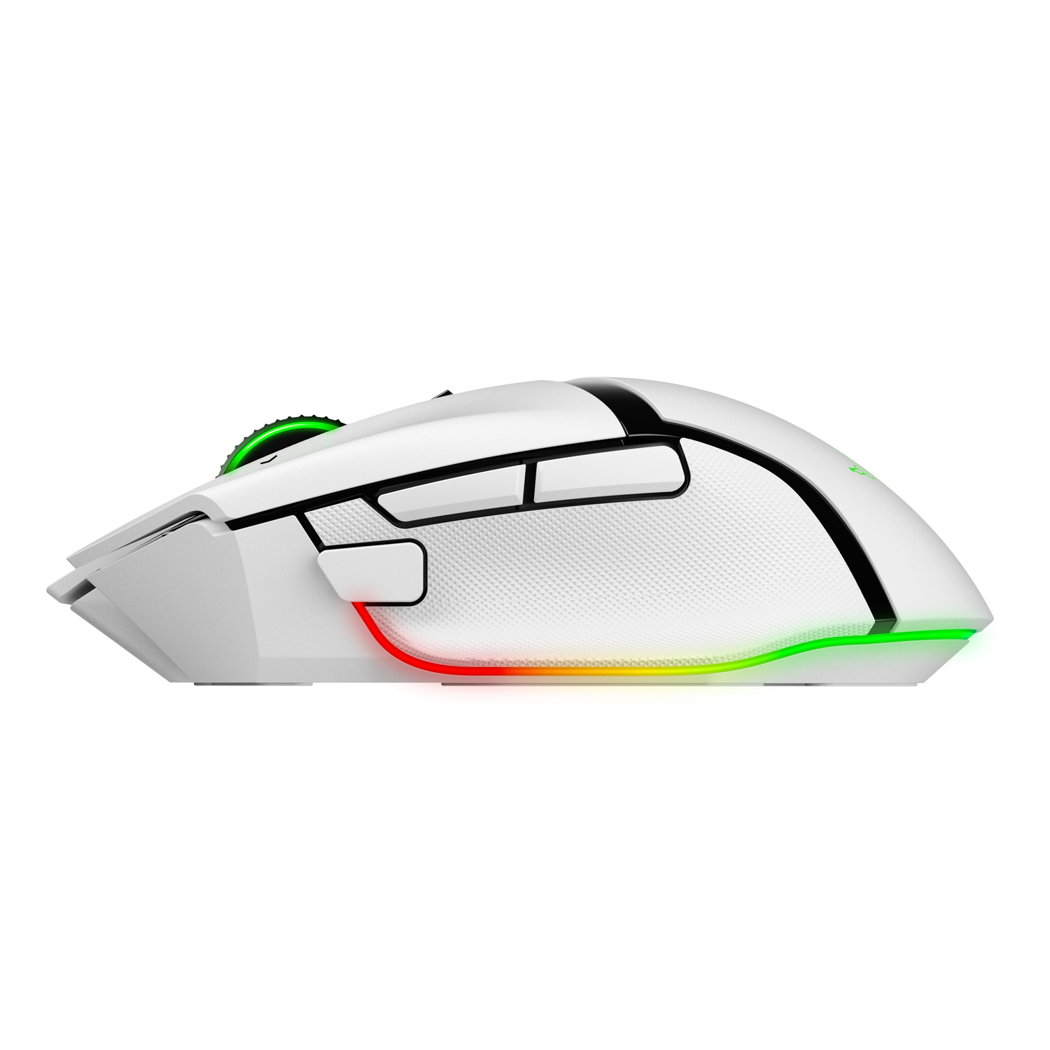 Witte muis met rode, groene en zwarte details.
