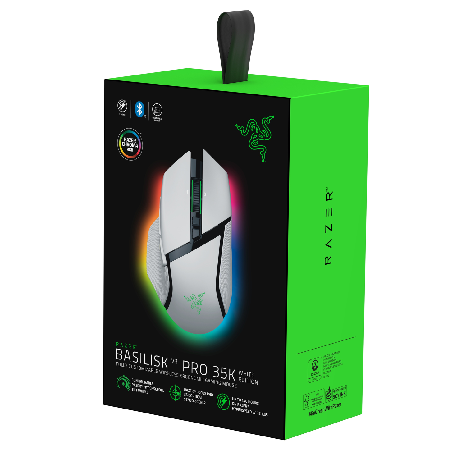 Een witte Razer Basilisk V3 Pro gaming muis wordt getoond in de groene doos. De doos heeft tekst.