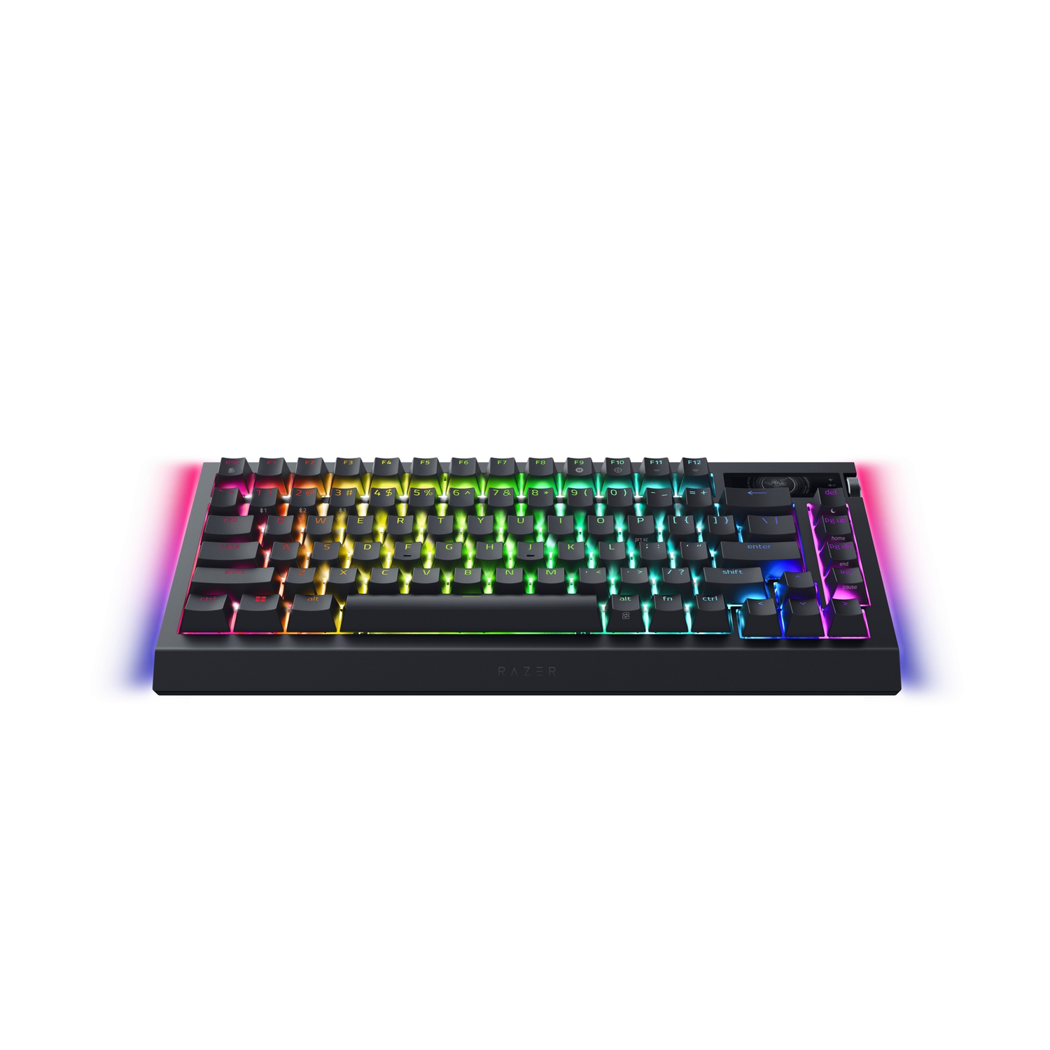 Zwart Razer toetsenbord met kleurrijke verlichte toetsen. Witte achtergrond.
