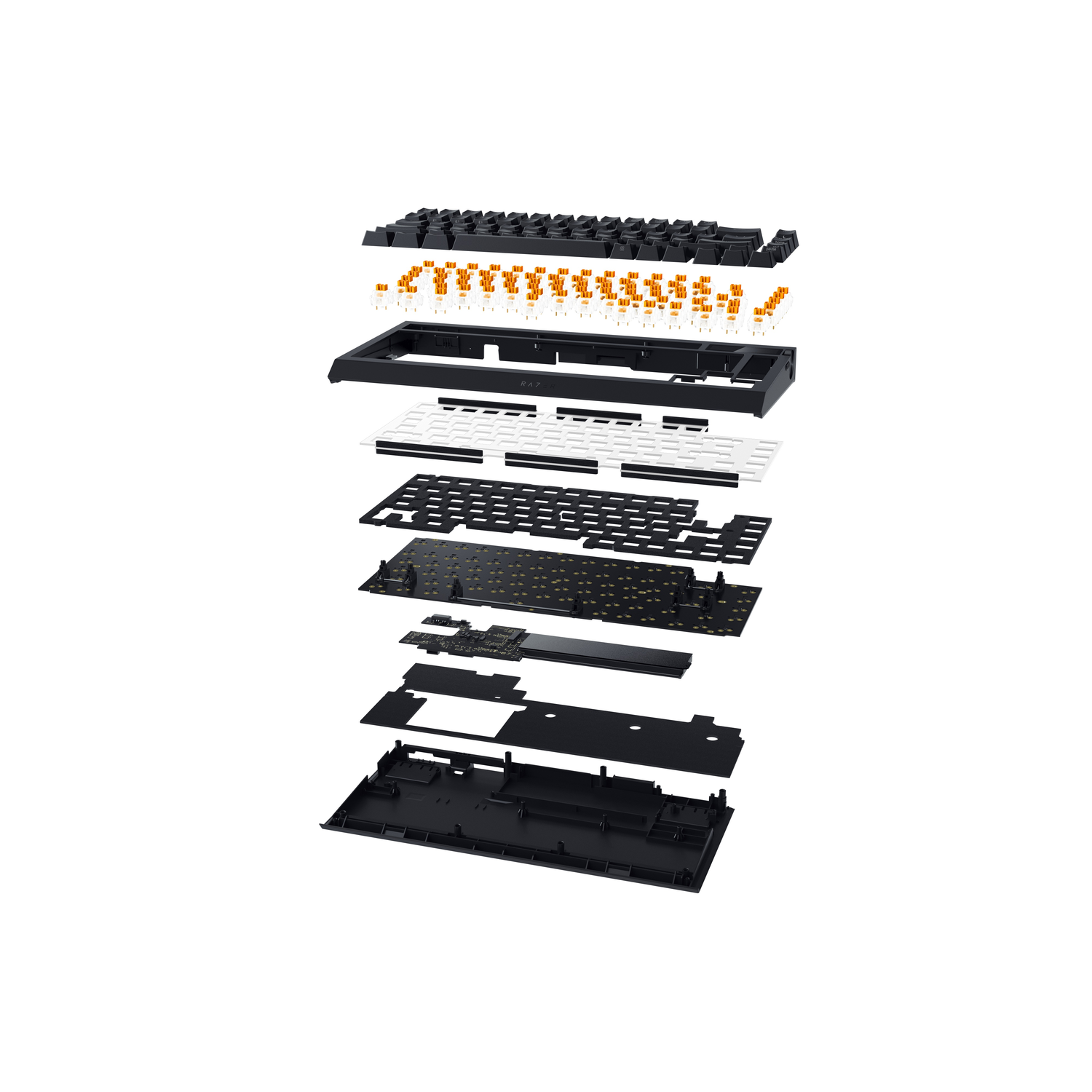 Exploded view van toetsenbordcomponenten, met toetsen, schakelaars en printplaat.