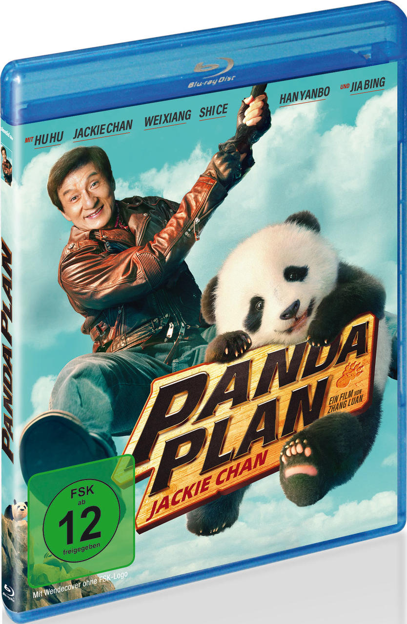 Panda Plan Blu-ray-Cover mit Jackie Chan und einem Panda. Blaues Gehäuse. Himmelshintergrund.