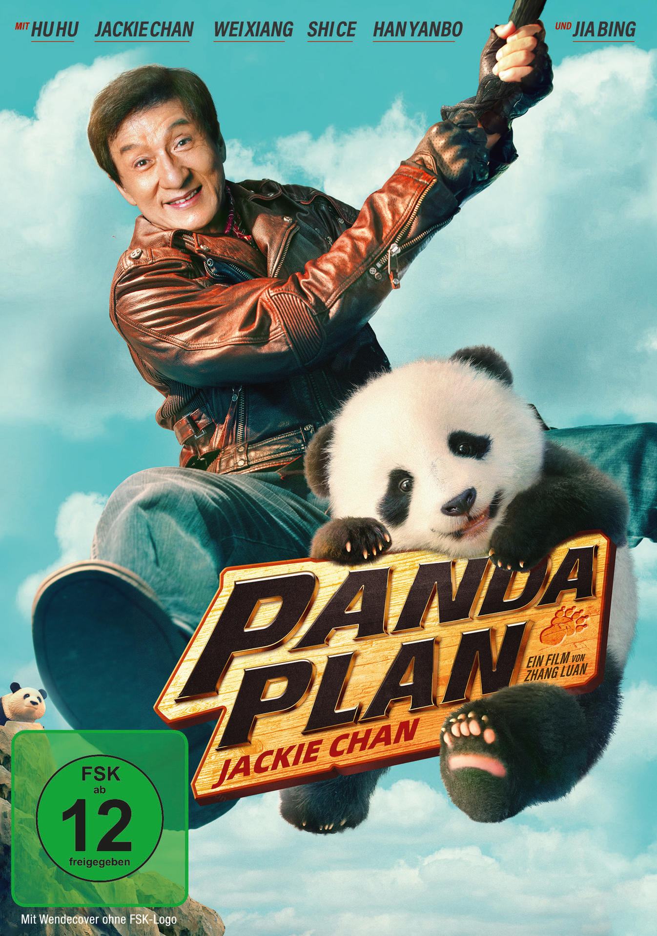 Filmposter von Jackie Chan, der einen Panda hält. Text: Panda Plan.