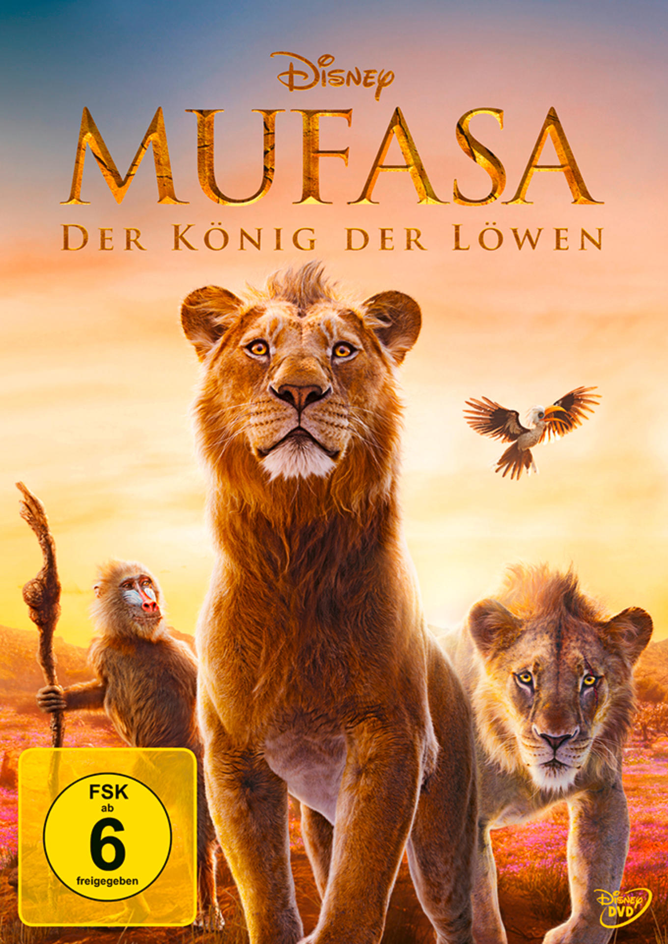 Filmcover: 'Mufasa: Der König der Löwen'. Löwen, Pavian, Vogel, Disney-Logo.