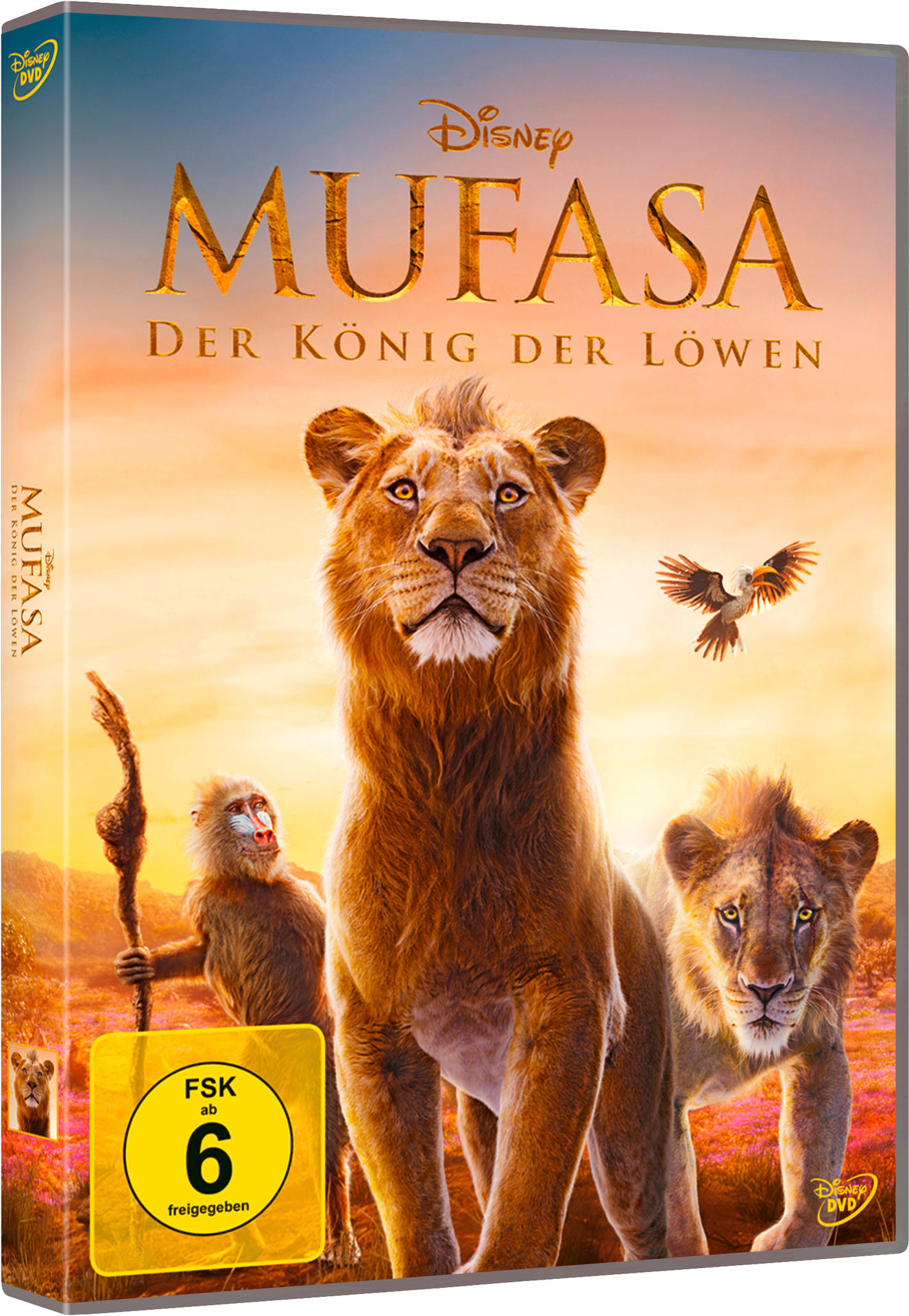 Filmcover von Mufasa, Löwen und einem Pavian, mit Text 'Disney'.