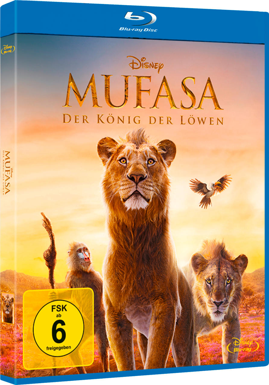 Blu-ray-Disc-Cover von 'Mufasa: Der König der Löwen'. Löwen vor Sonnenuntergang.