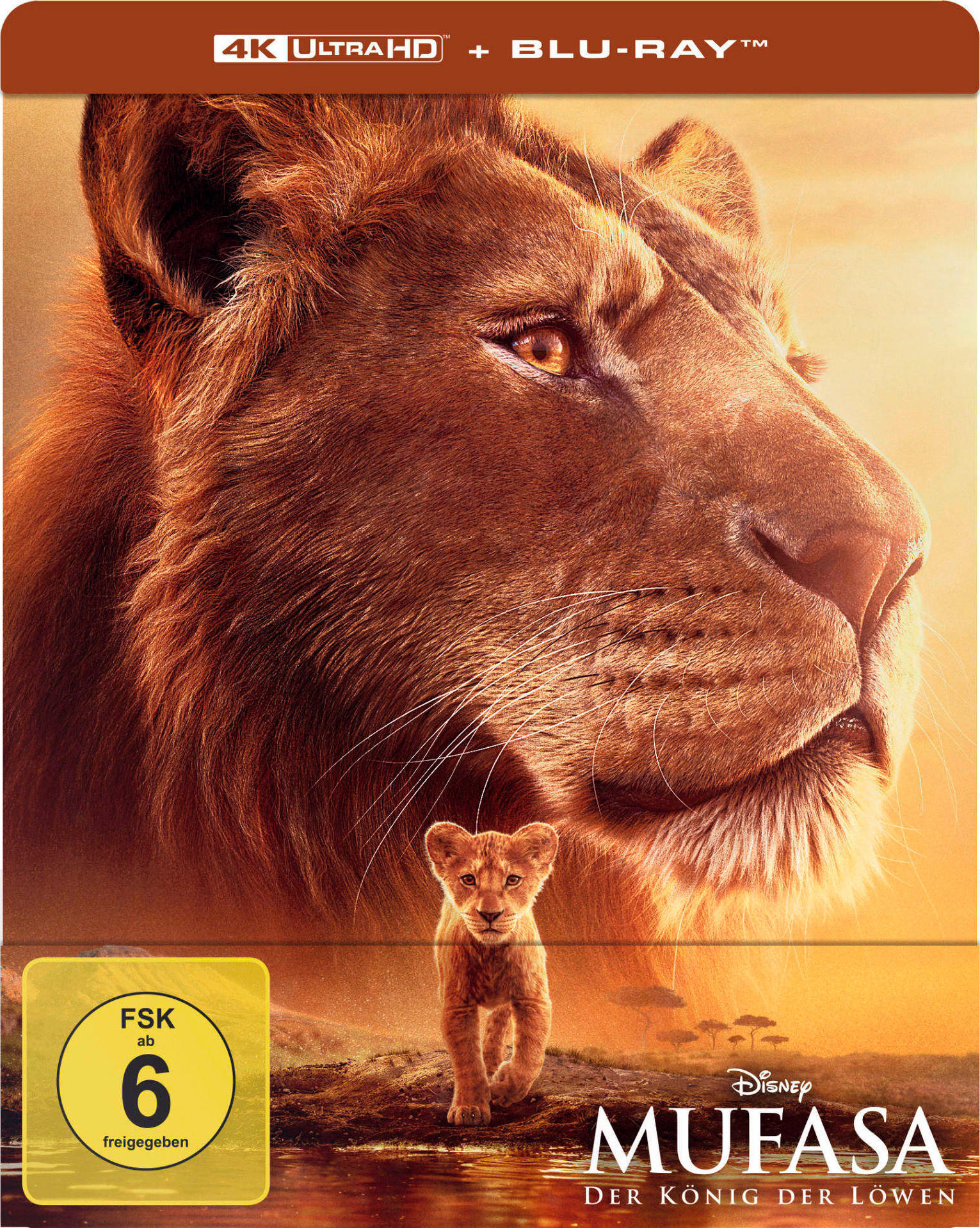 Blu-ray-Hülle von 'Mufasa: Der König der Löwen' mit Löwen-Nahaufnahme und Baby-Löwen. Disney-Logo sichtbar.