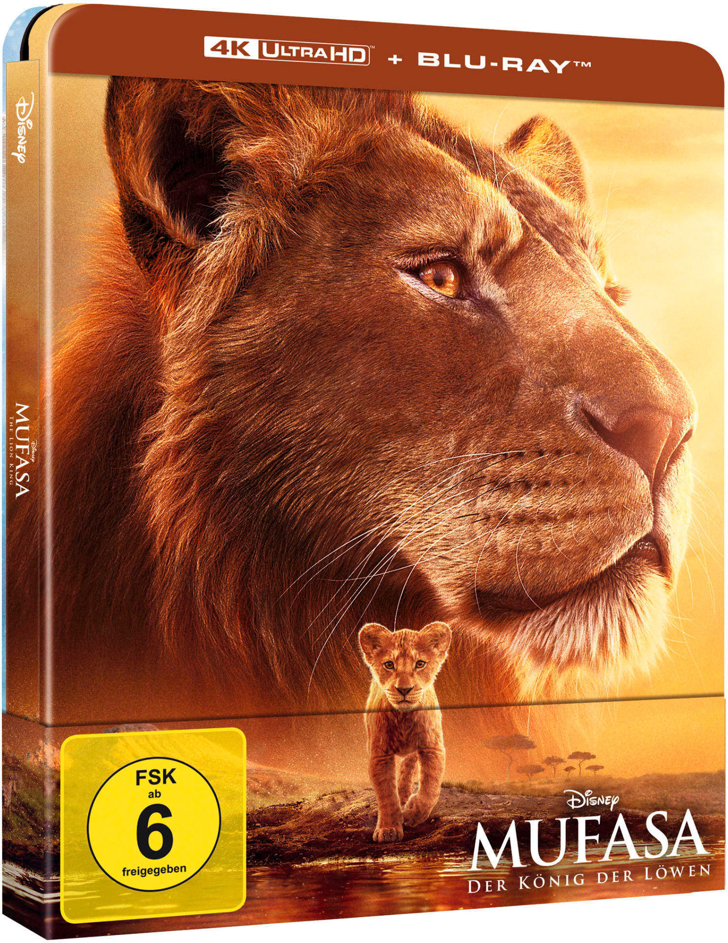 Mufasa Filmcover in einem Steelbook. Ein Löwe und ein Junges sind vorne. Es steht 4K Ultra HD + Blu-ray.