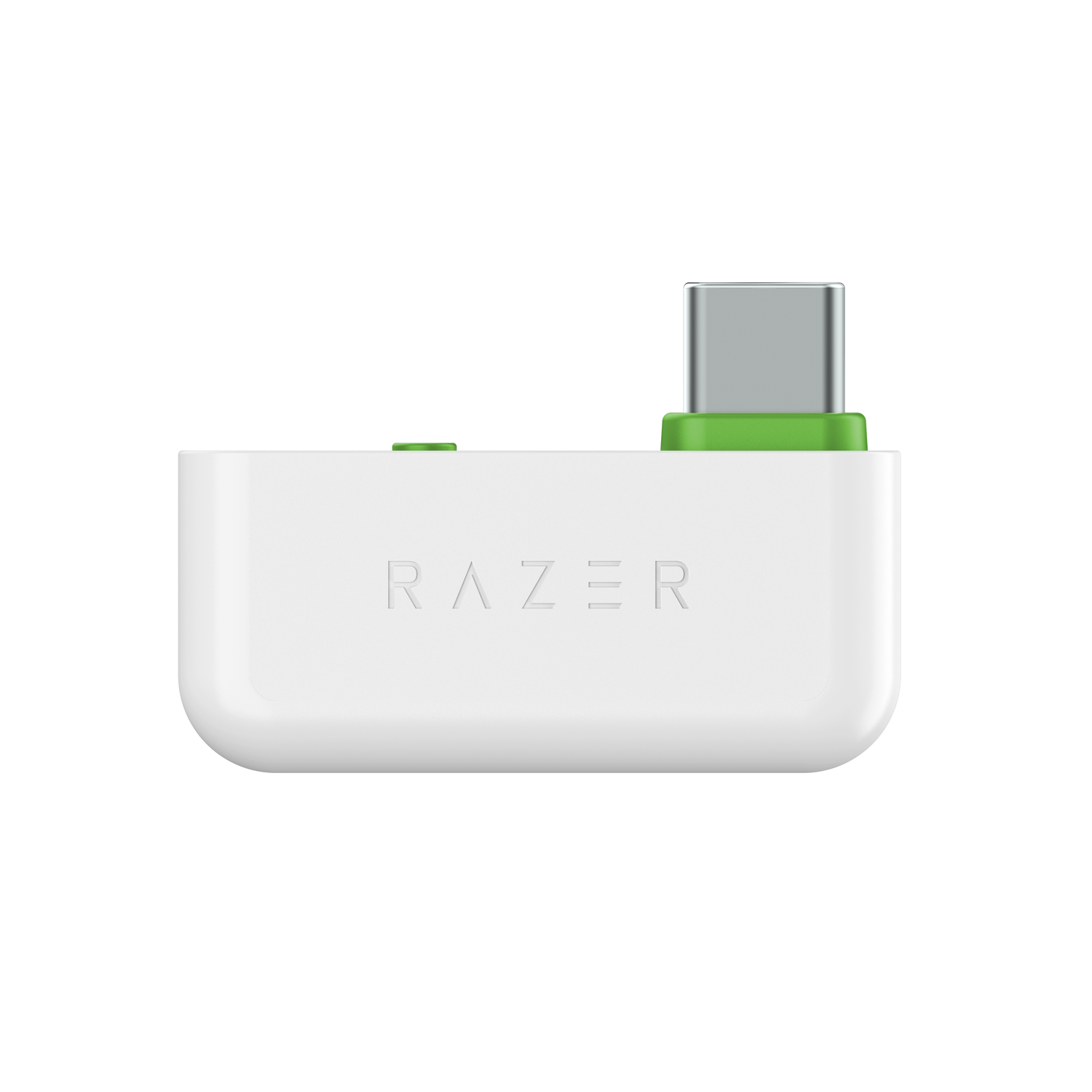 Un dongle USB-C Razer blanc avec un accent vert.