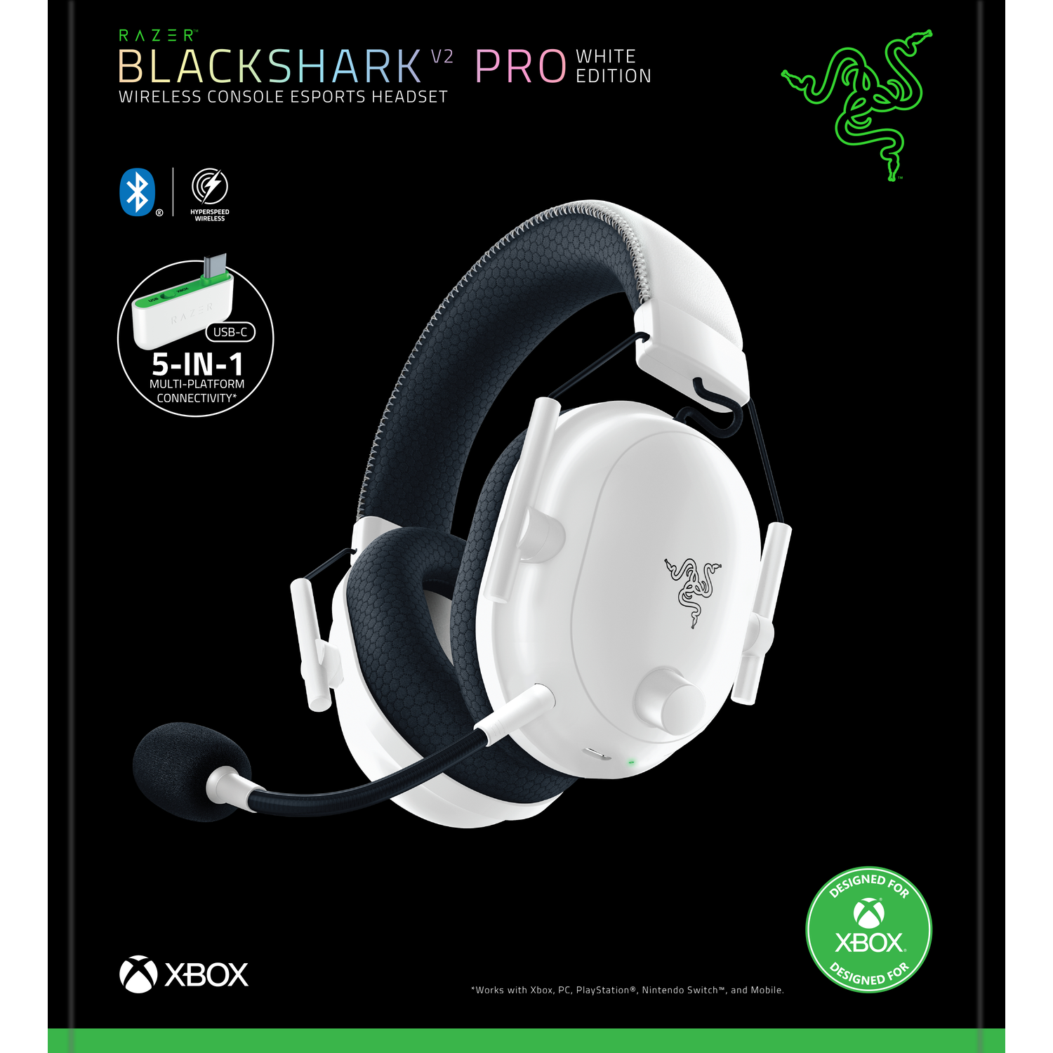 Casque de jeu sans fil Razer Blackshark V2 Pro blanc avec dongle USB et micro.