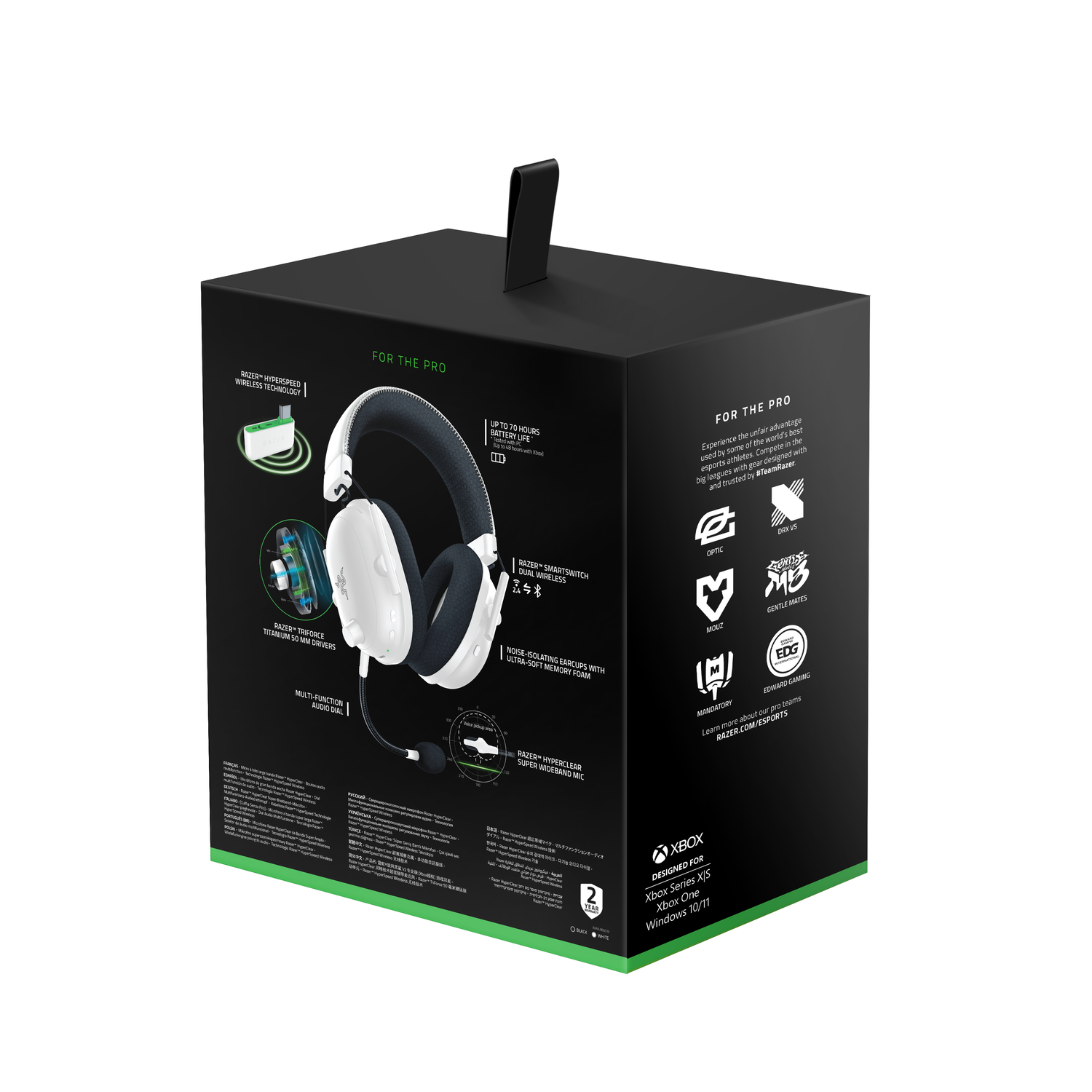 Boîte noire avec image de casque blanc et texte sur le jeu pro et les fonctionnalités.
