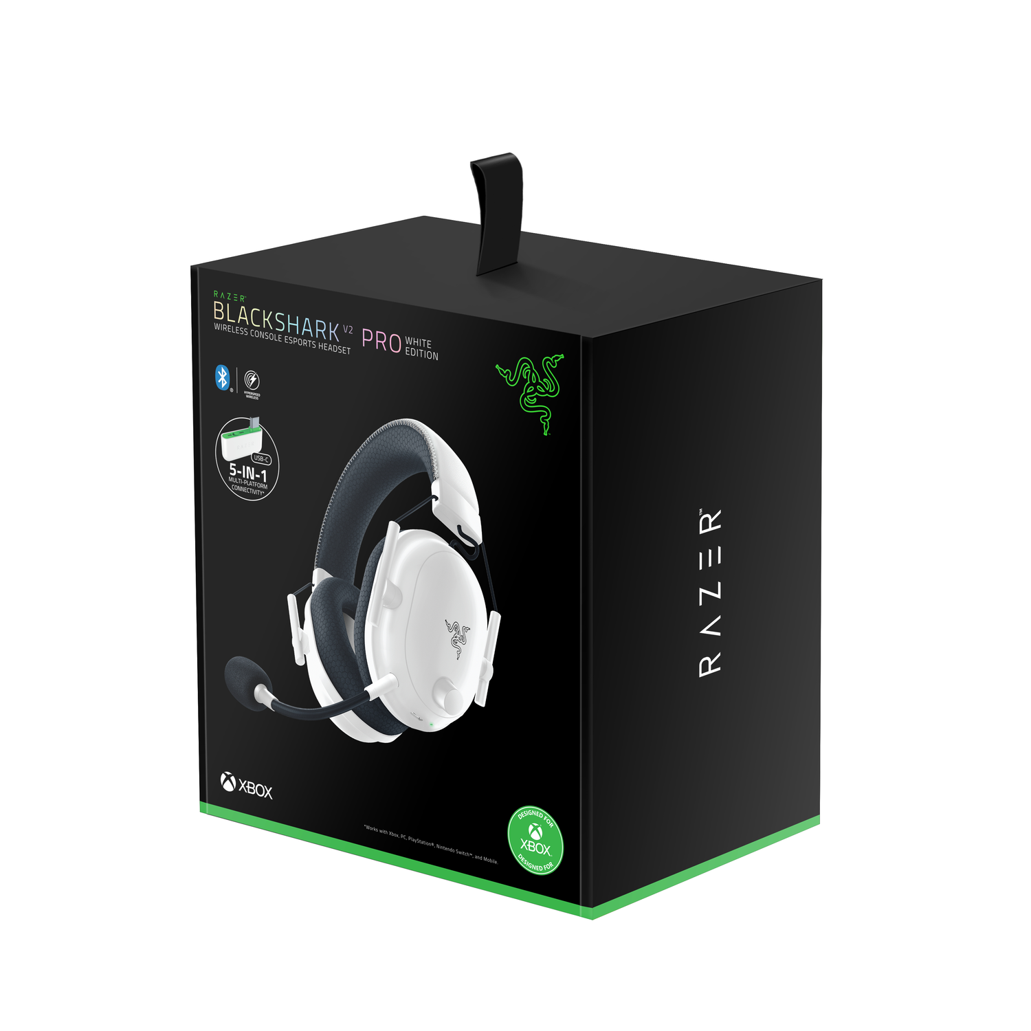 Une boîte de casque Razer Blackshark V2 Pro, édition blanche, avec un logo vert.