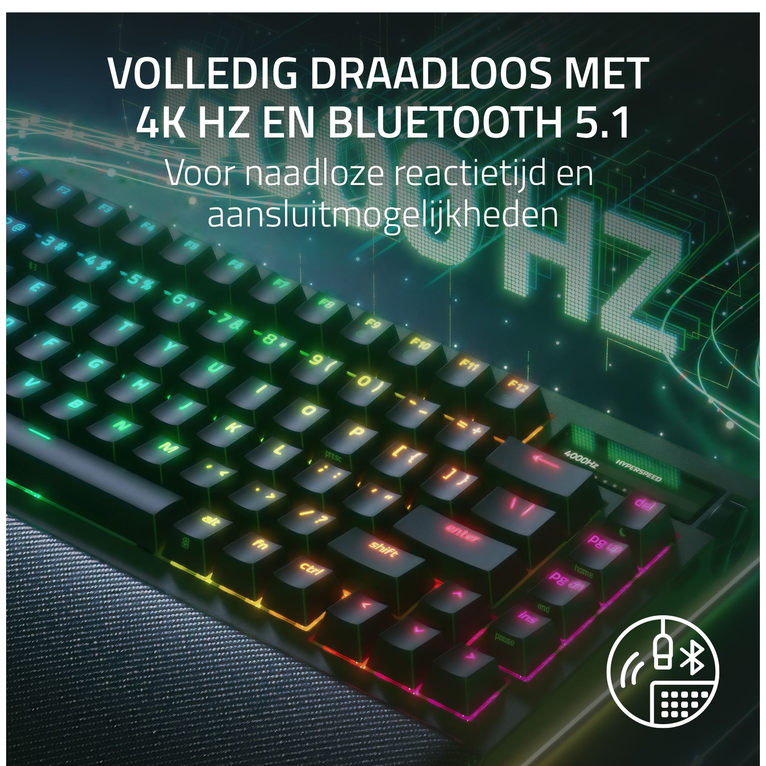 Een close-up van een toetsenbord met achtergrondverlichting. Het heeft veelkleurige toetsen.