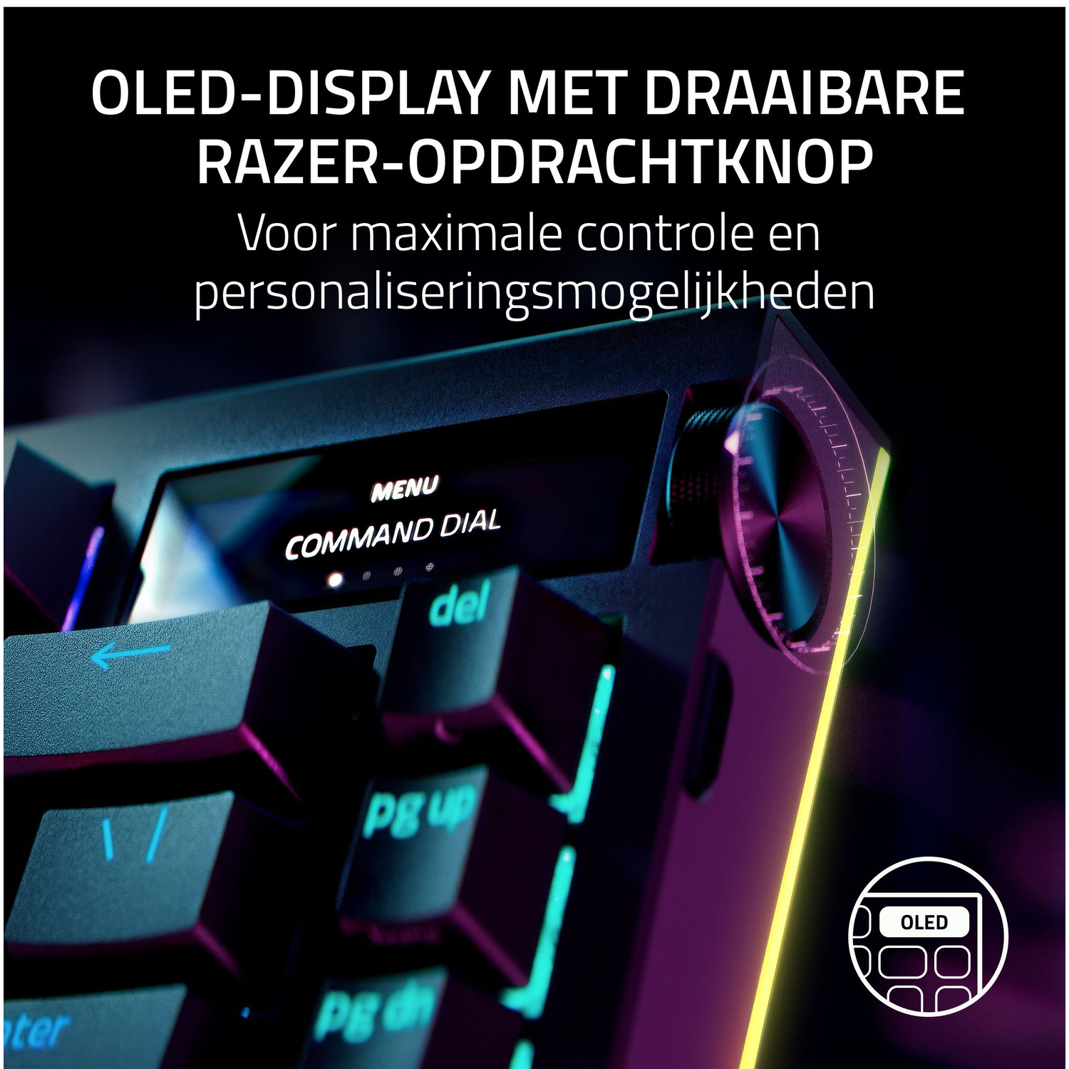 Toetsenbord met OLED-display en bedieningsknop.