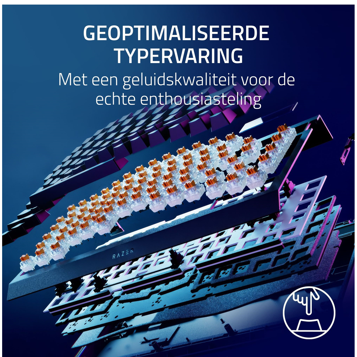 Toetsenbordonderdelen, explosie-aanzicht, met gemarkeerde oranje schakelaars.