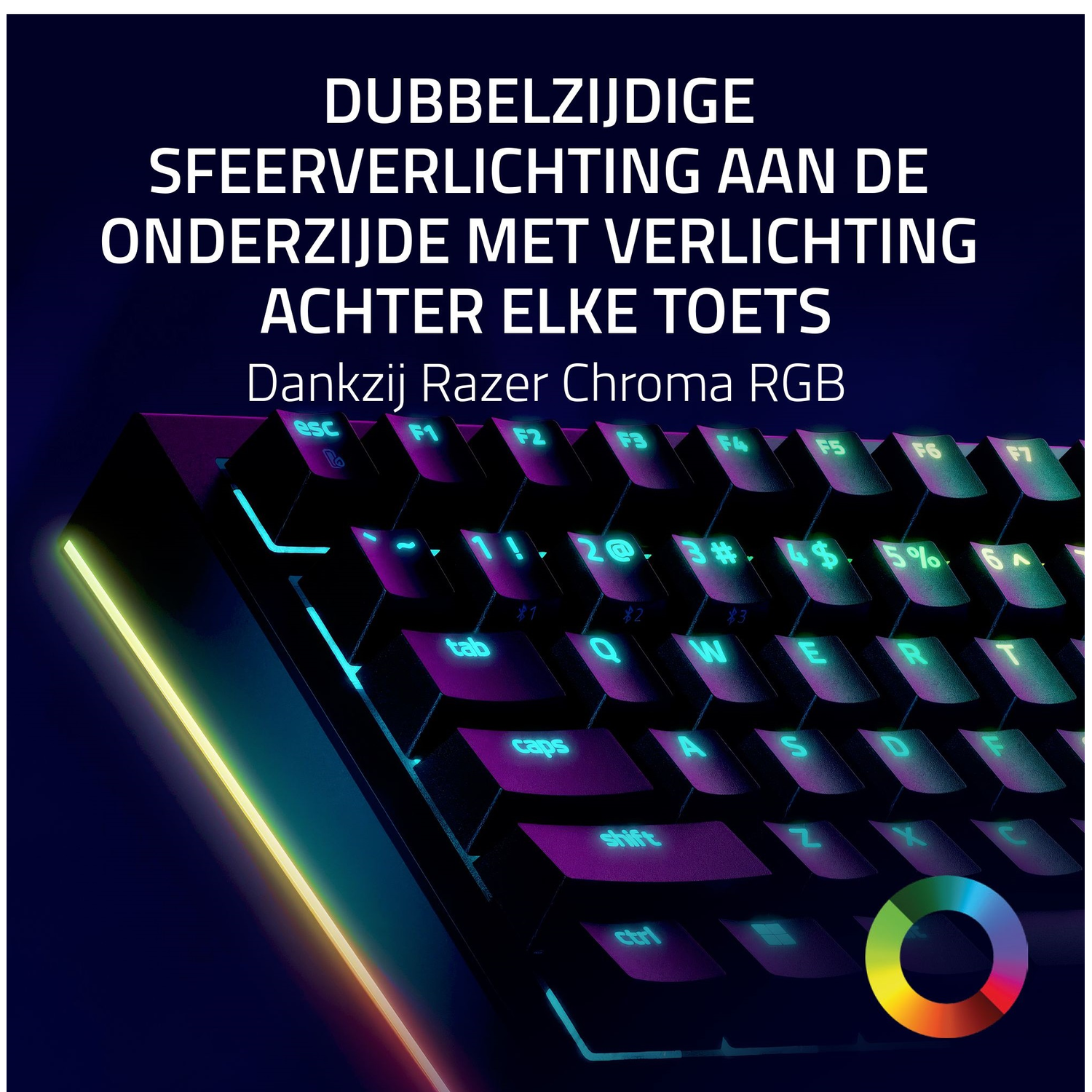 Toetsenbord met kleurrijke achtergrondverlichting. De toetsen hebben zichtbare tekens. Er is een kleurenwiel onderaan.