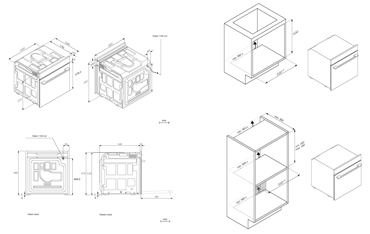 Egy sütő műszaki rajzai méretekkel és telepítési diagramokkal.