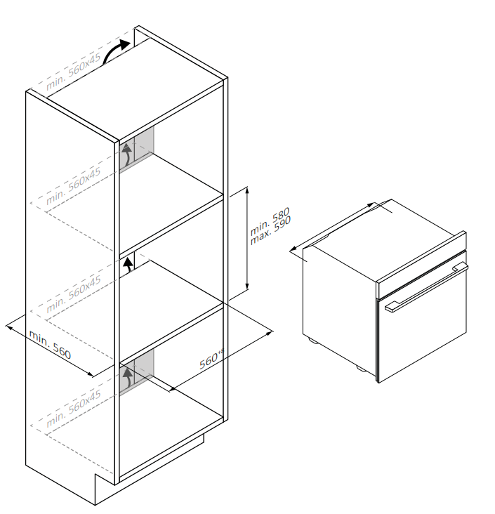 Beépíthető sütő és szekrény diagramja, méretekkel és nyilakkal.