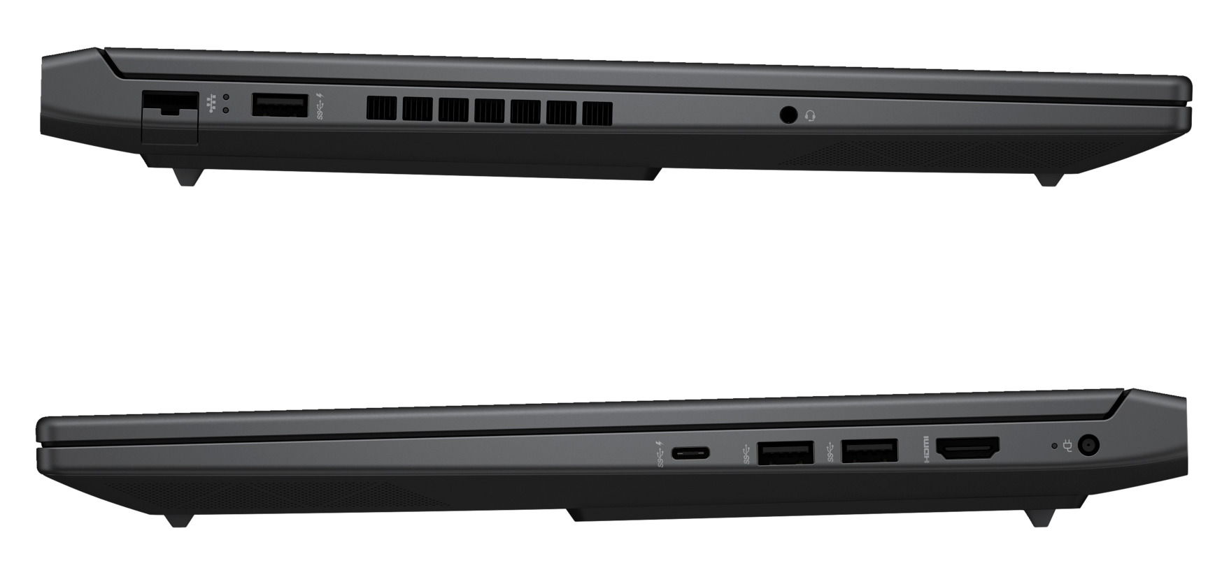Dwa laptopy pokazane z boku. Górny ma porty z boku. Dolny ma również porty z boku.