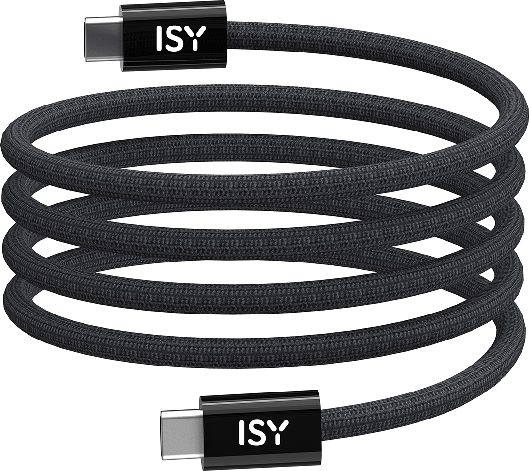 Fekete USB-C kábel feltekerve. A kábel fekete csatlakozókkal rendelkezik, ISY logóval.