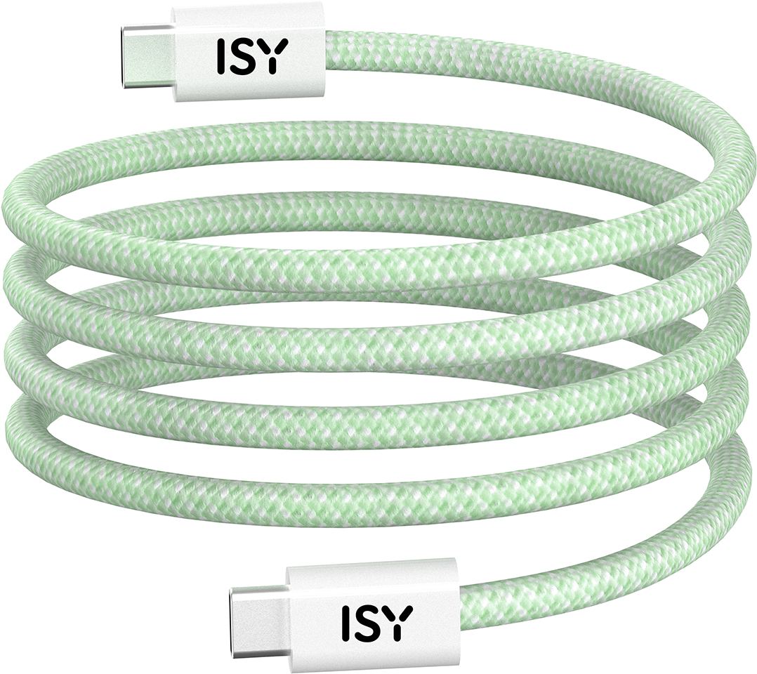 Csavart USB-C kábel, világoszöld fehér csatlakozókkal. Az 'ISY' márkanévvel nyomtatva.