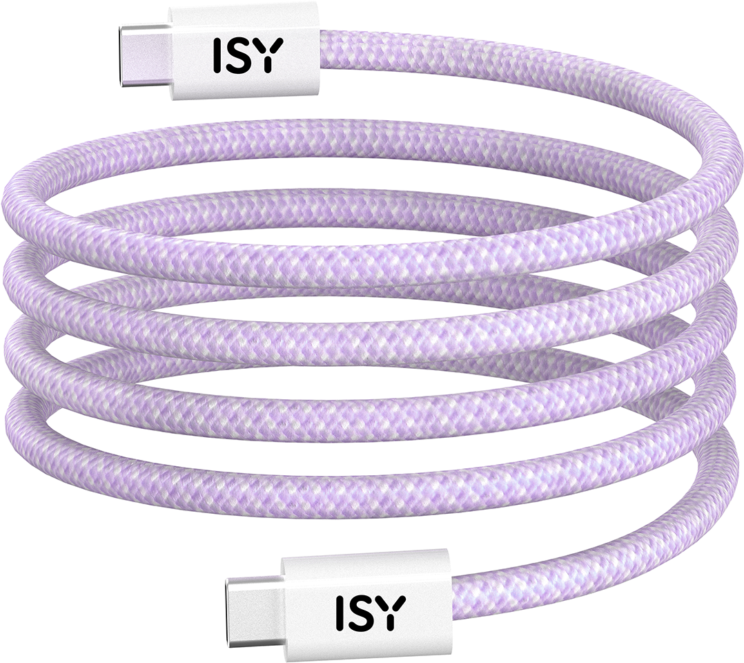 Tekert lila-fehér USB-C kábel, fehér ISY feliratú végekkel.
