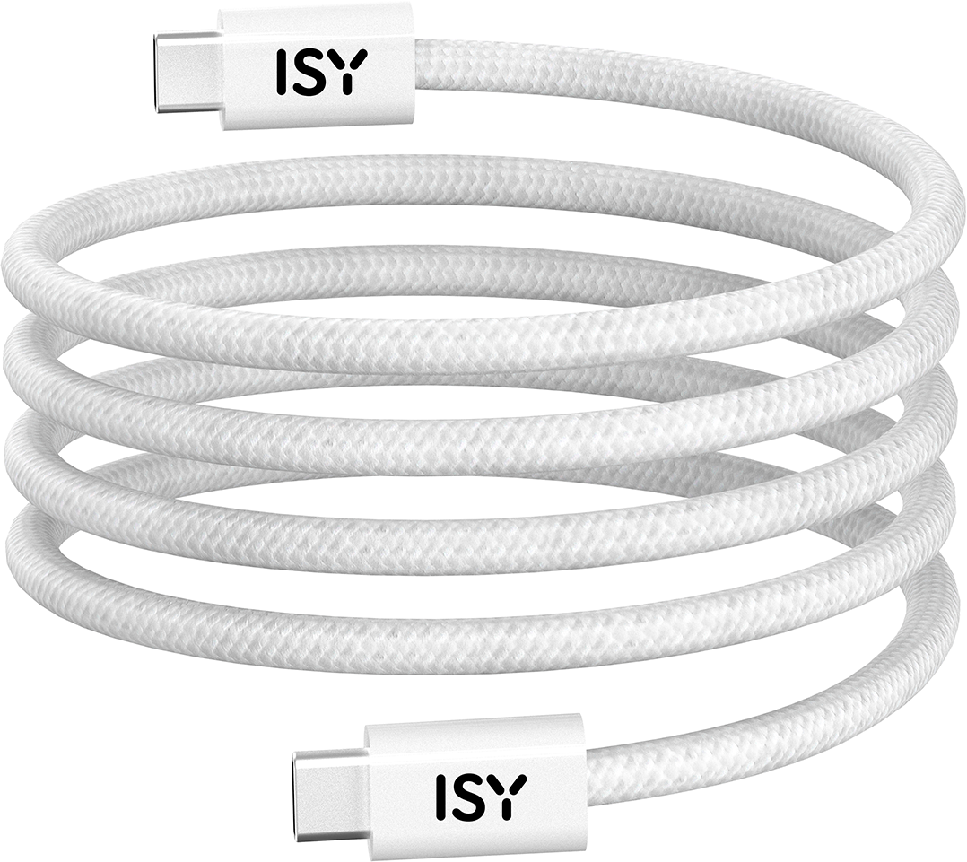 Fehér, spirálisan tekert USB-C kábel ISY márkajelzéssel mindkét végén, fehér háttér előtt.