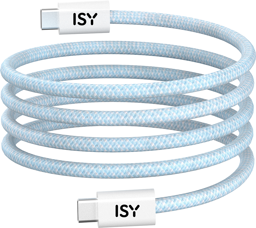 Fehér és kék fonott USB-C kábel, feltekerve. Mindkét végén fehér csatlakozók vannak az 'ISY' logóval.