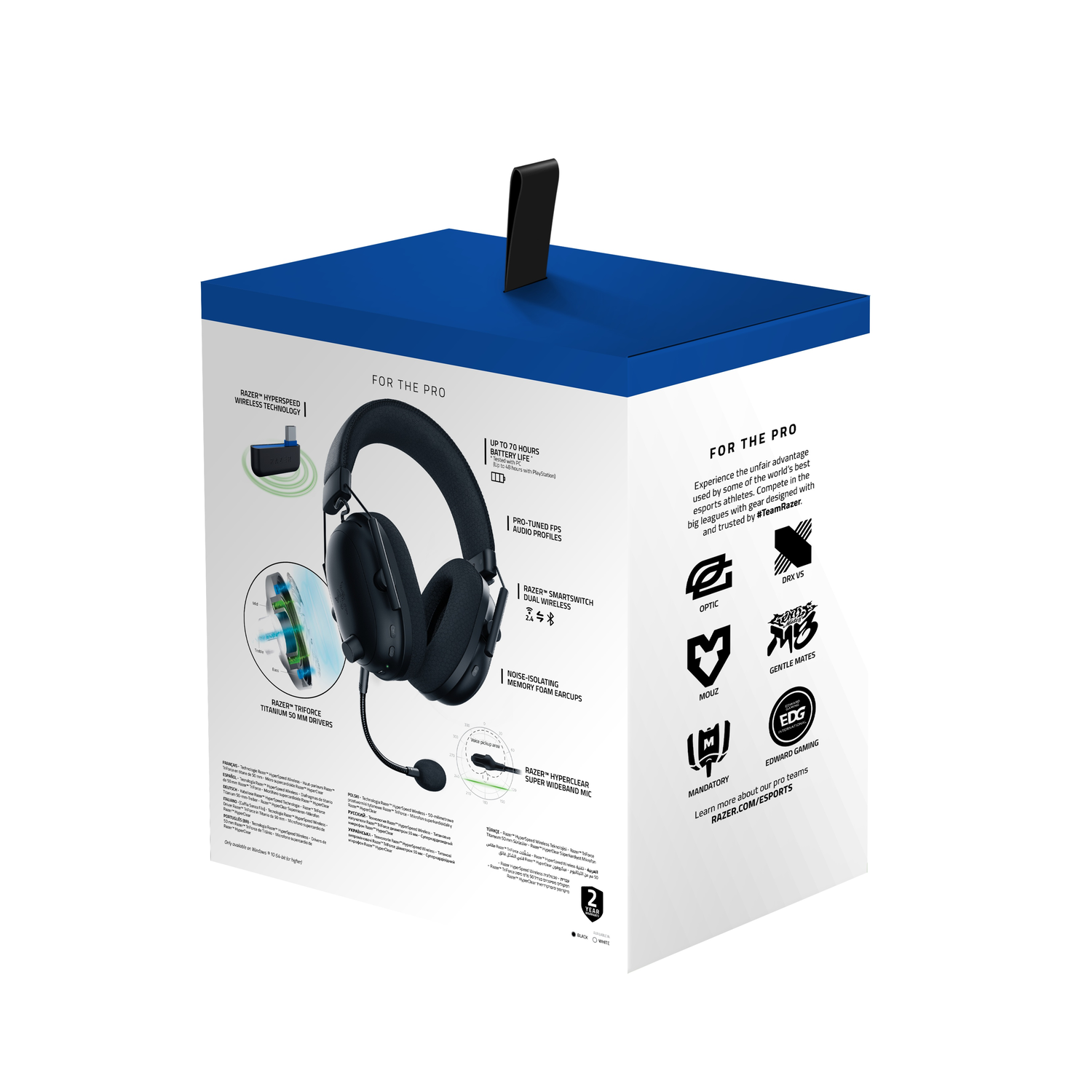 Casque de jeu en boîte, design noir et bleu, avec texte et images détaillant les fonctionnalités.