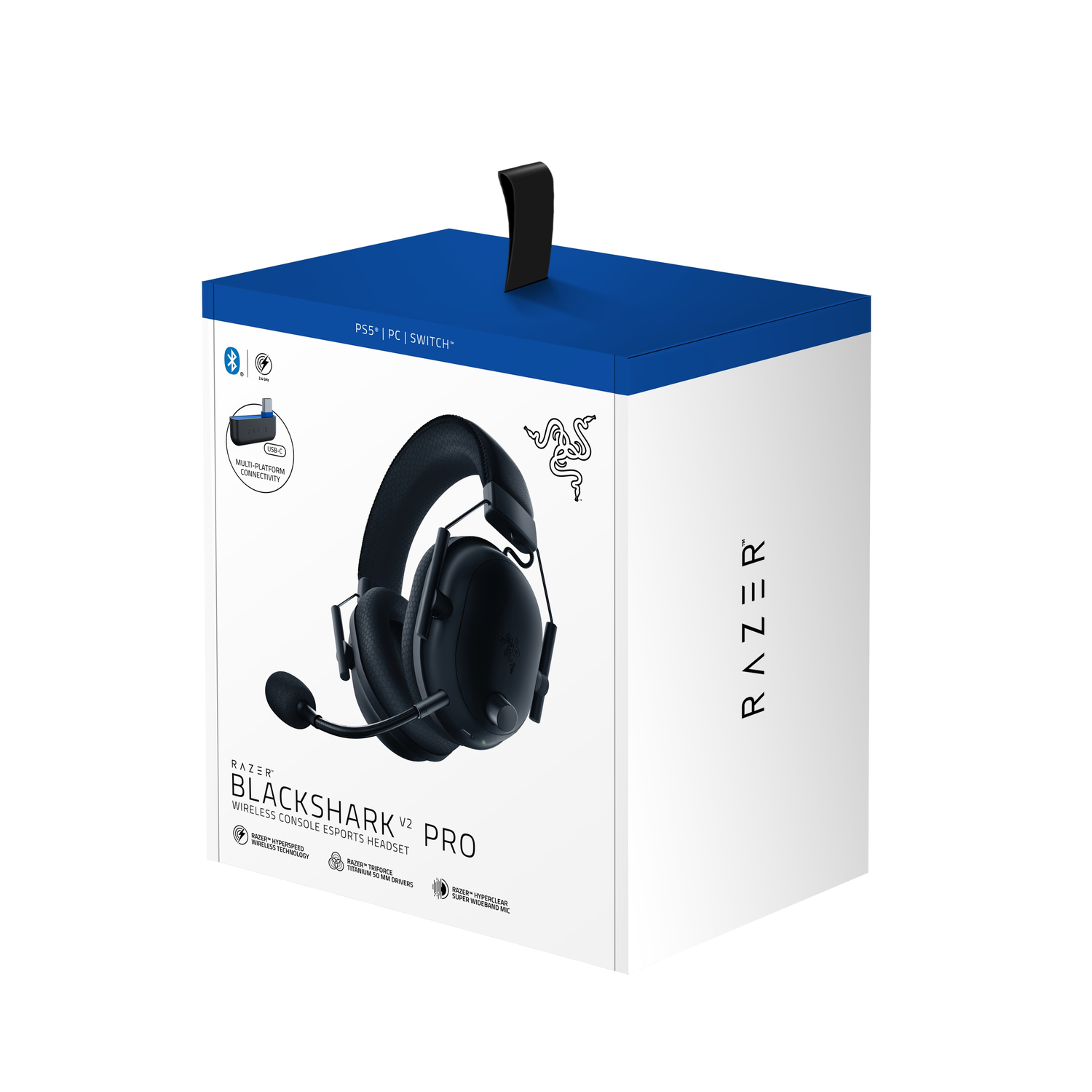 Une boîte de casque de jeu Razer Blackshark V2 Pro. La boîte est blanche avec des accents noirs, le dessus bleu.