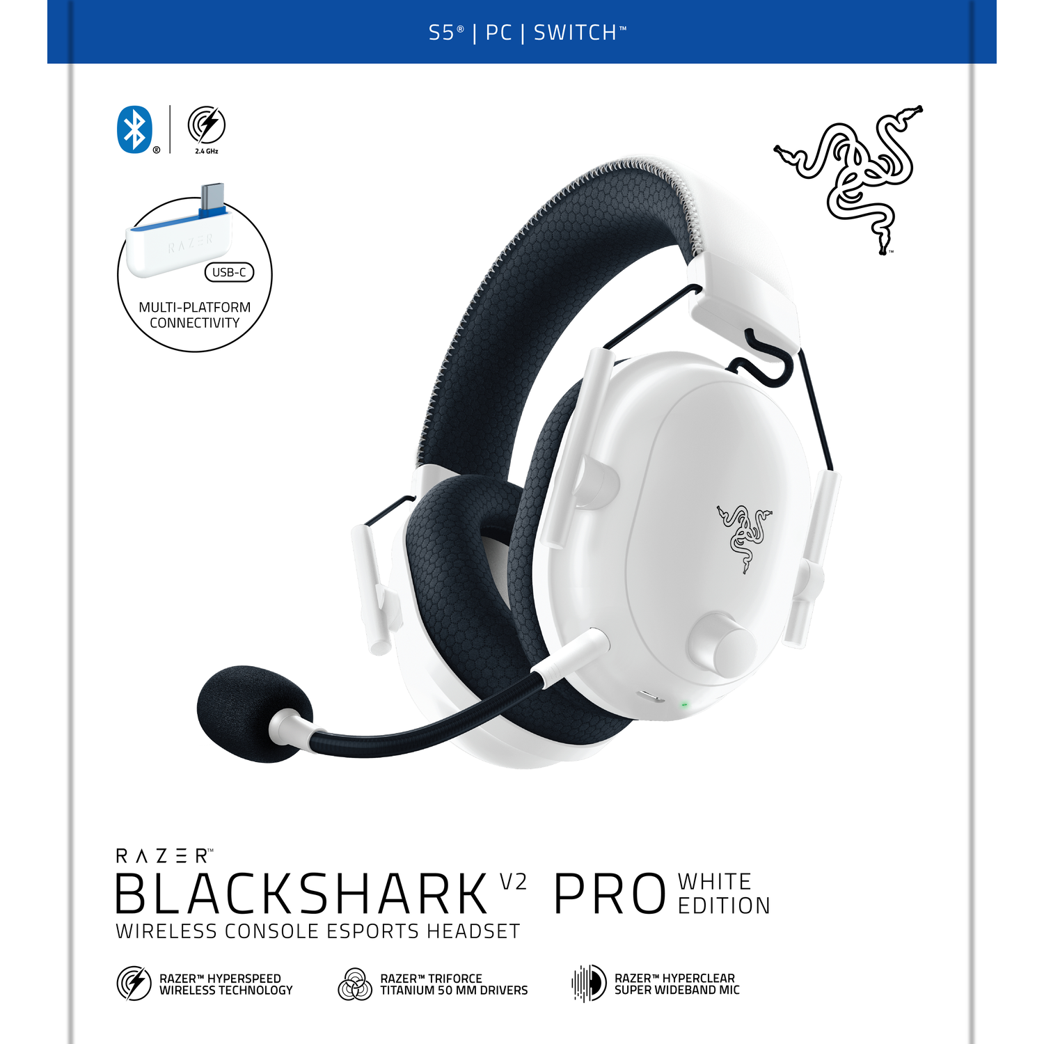 Casque de jeu blanc avec un micro, affiché sur un fond blanc avec du texte.