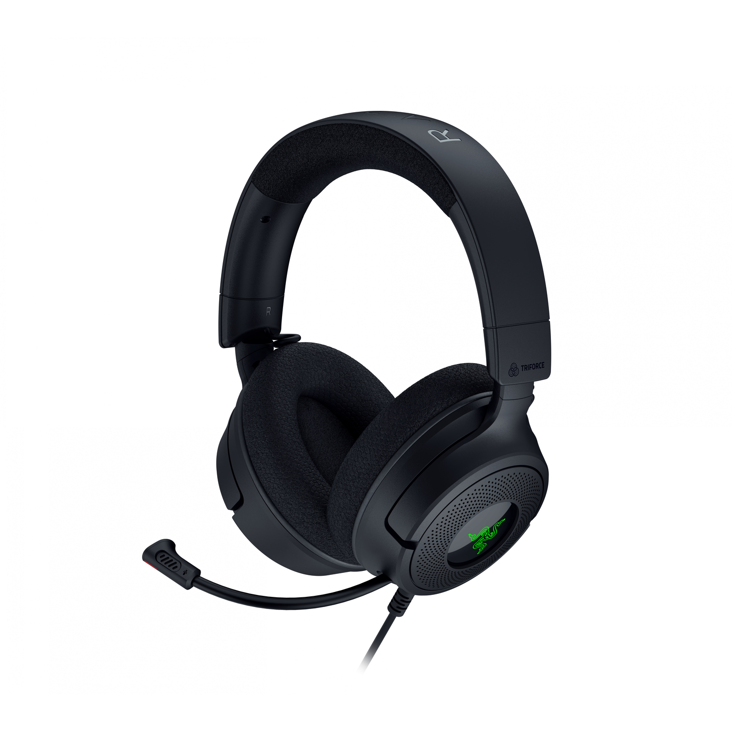 Black Razer gaming headphones with a microphone, showing its features.
