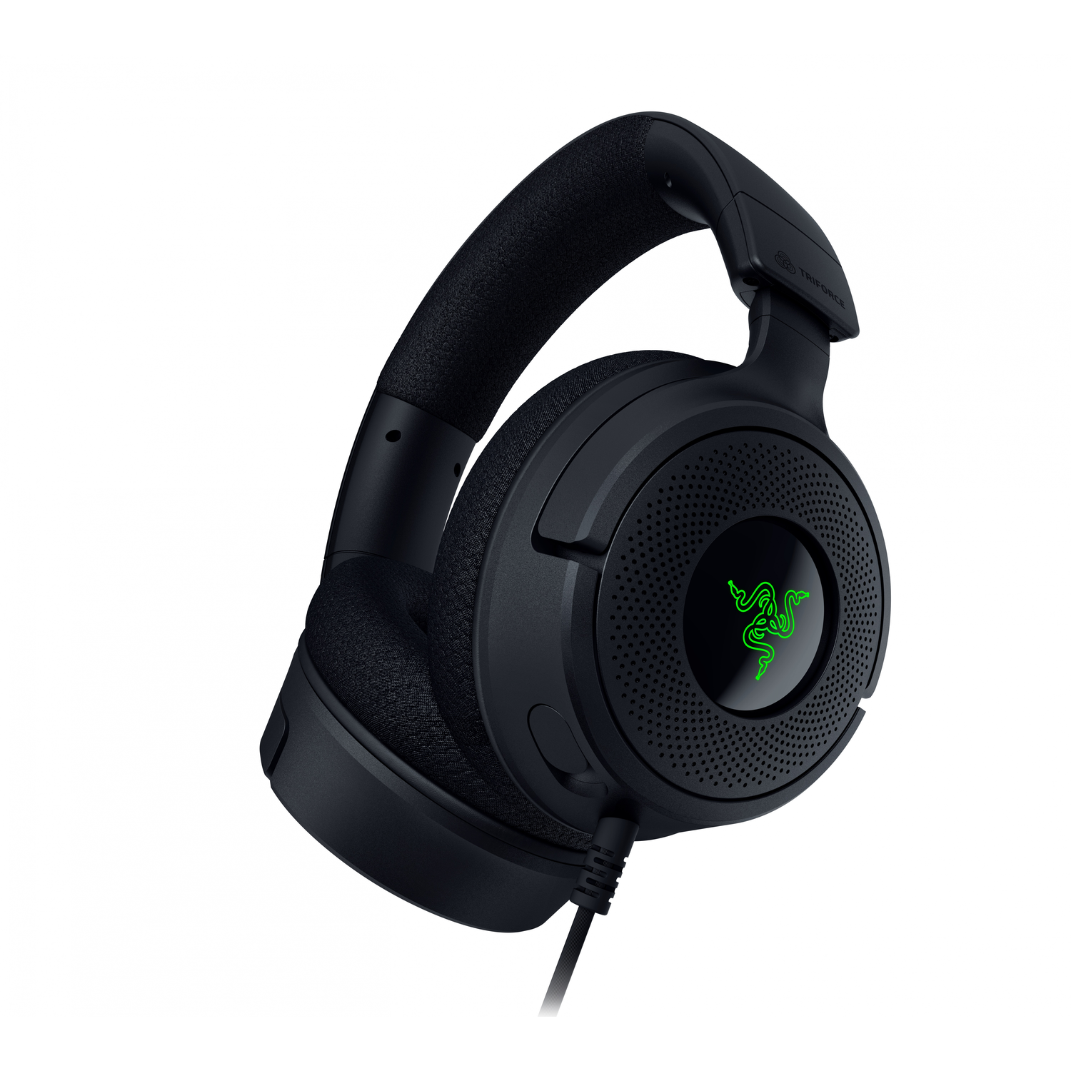 Black headphones with a green logo. The headphones are on a white background.