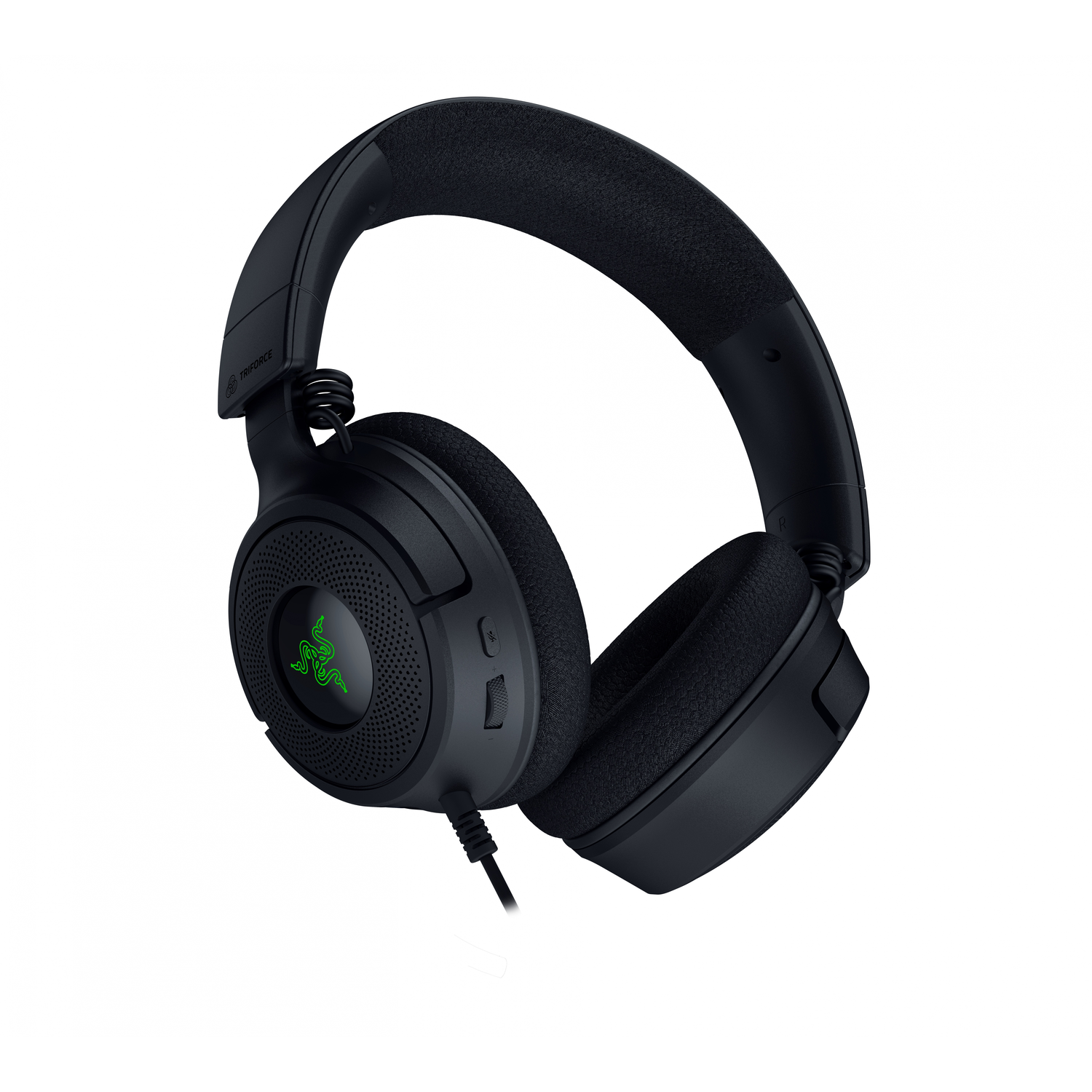 Black Razer gaming headset with a green Razer logo and a connected cable.
