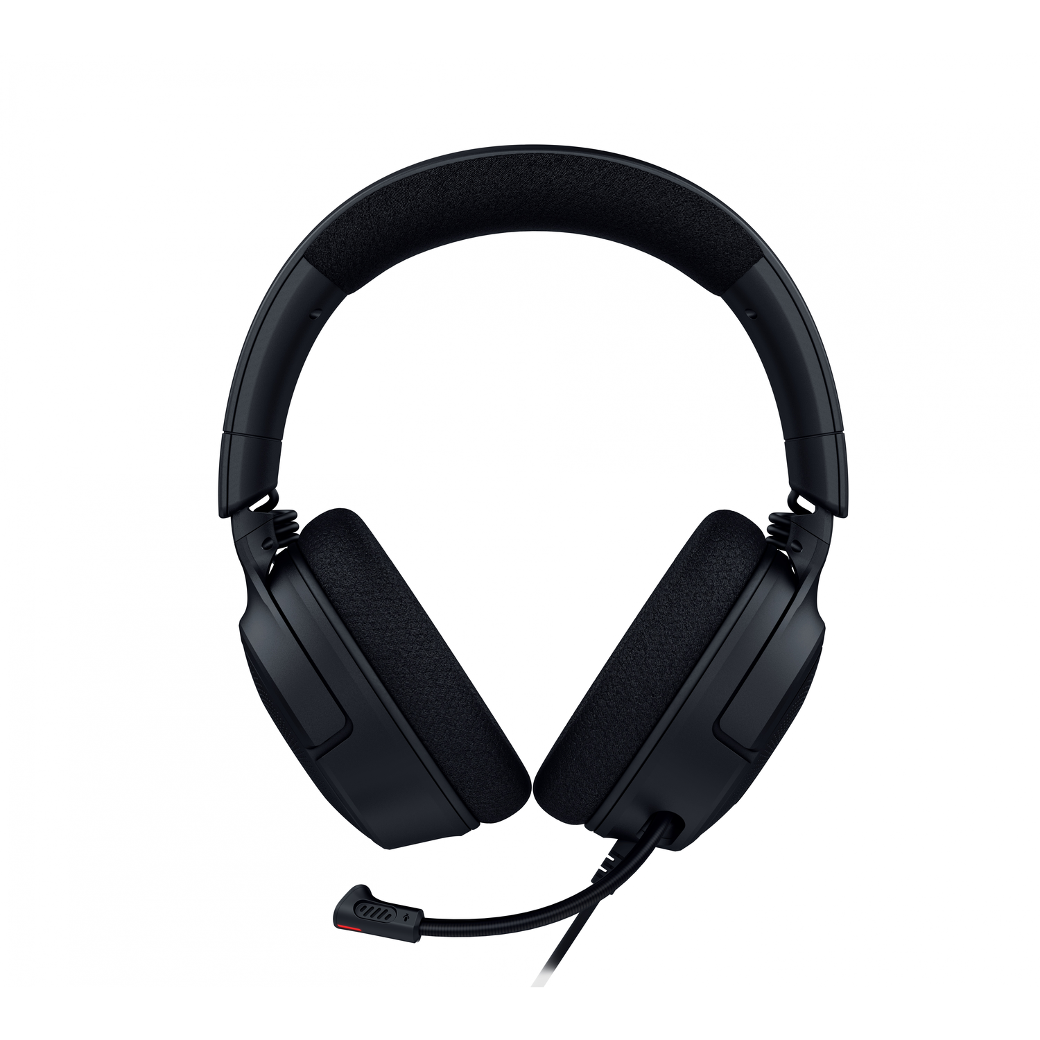 Black headphones with a microphone, facing the viewer.