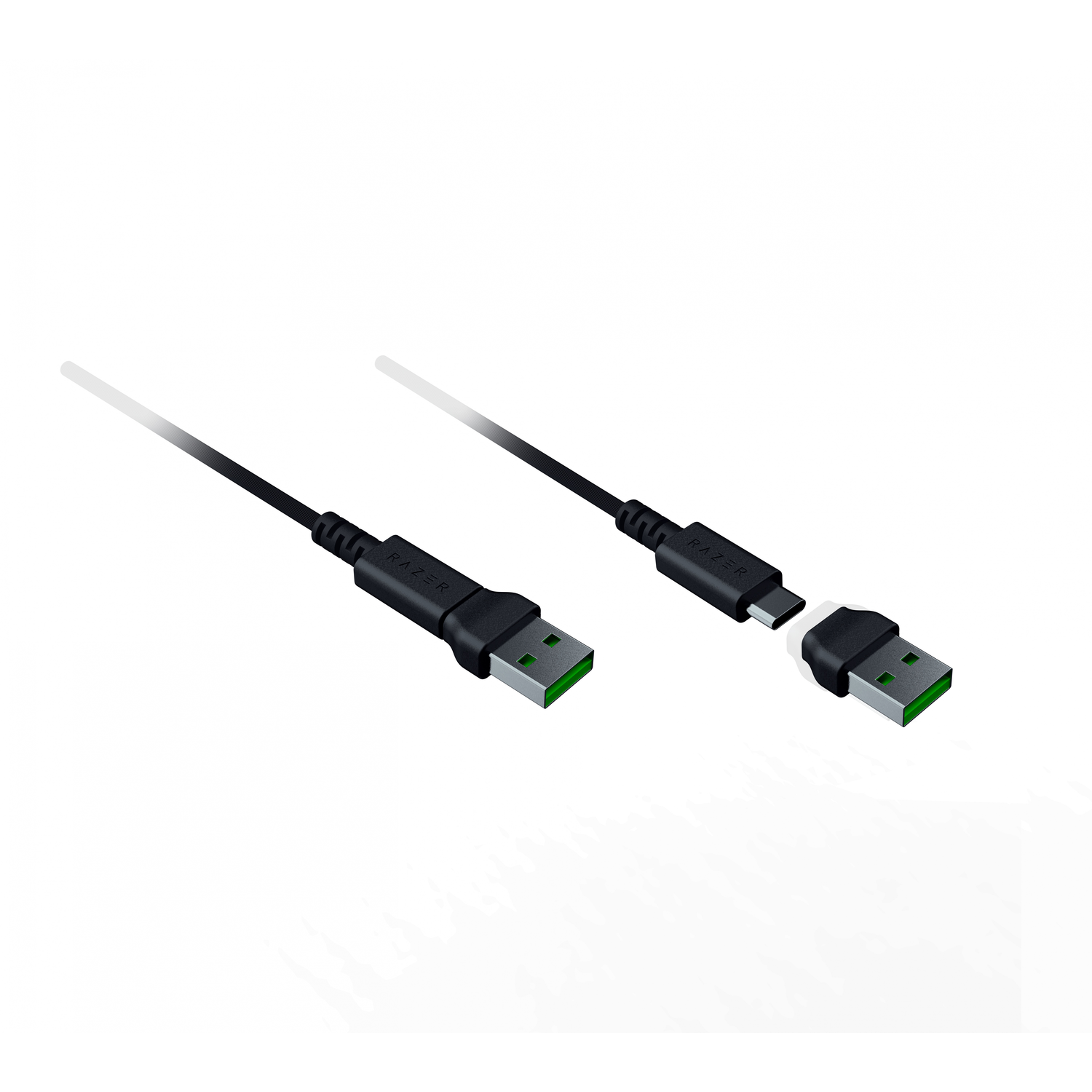 Two black USB cables with green connectors. One is a USB-A to USB-C, the other is USB-A to USB-A.