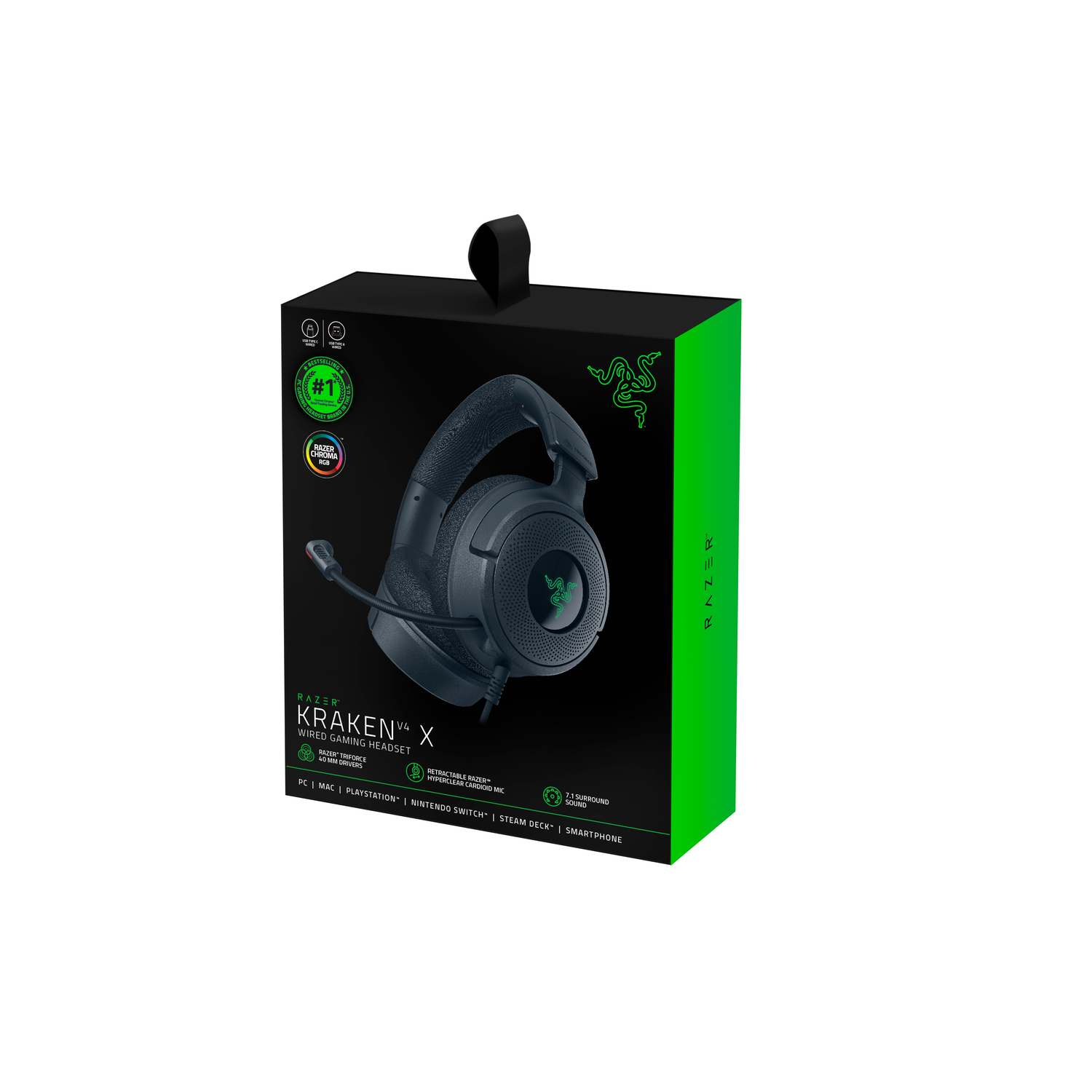 Black and green Razer Kraken X gaming headset box. The headset is visible with a microphone.