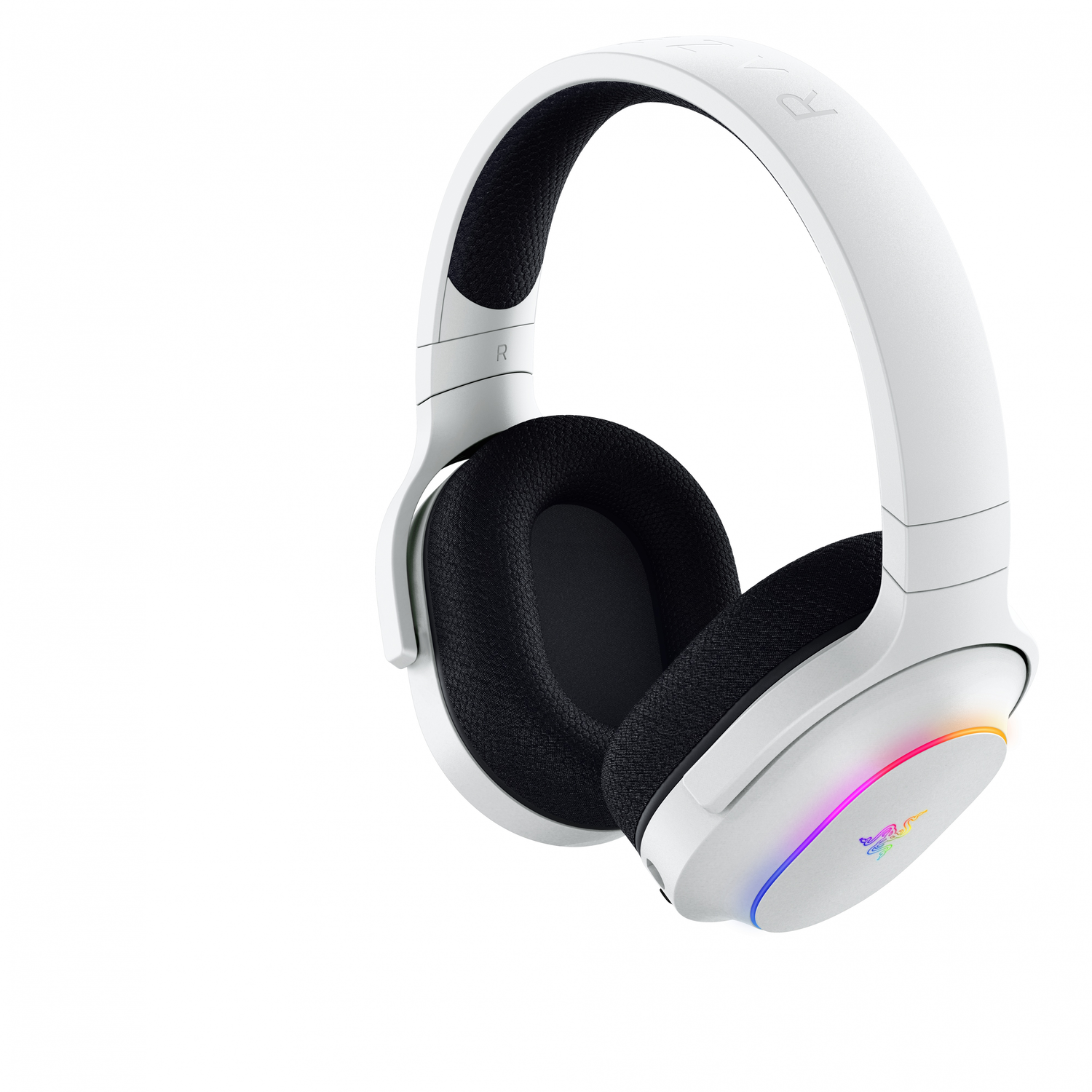 Witte Razer koptelefoon met RGB-verlichting op de oorschelpen.