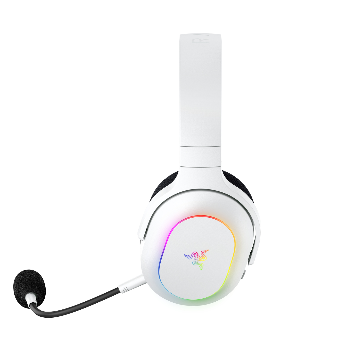 Witte gaming headset met een flexibele microfoon en kleuraccenten.