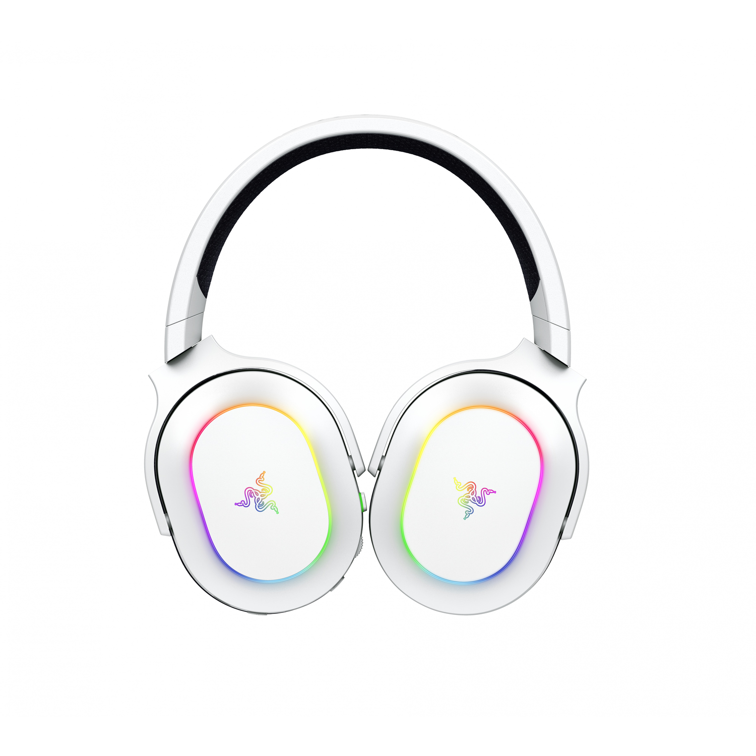 Witte Razer koptelefoon met RGB-verlichting en Razer-logo op de oorschelpen.