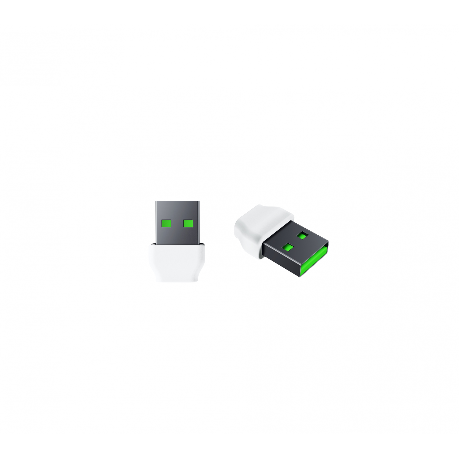 Twee witte USB-connectoren met zwarte en groene binnenkant, op een witte achtergrond. Eén staat schuin.