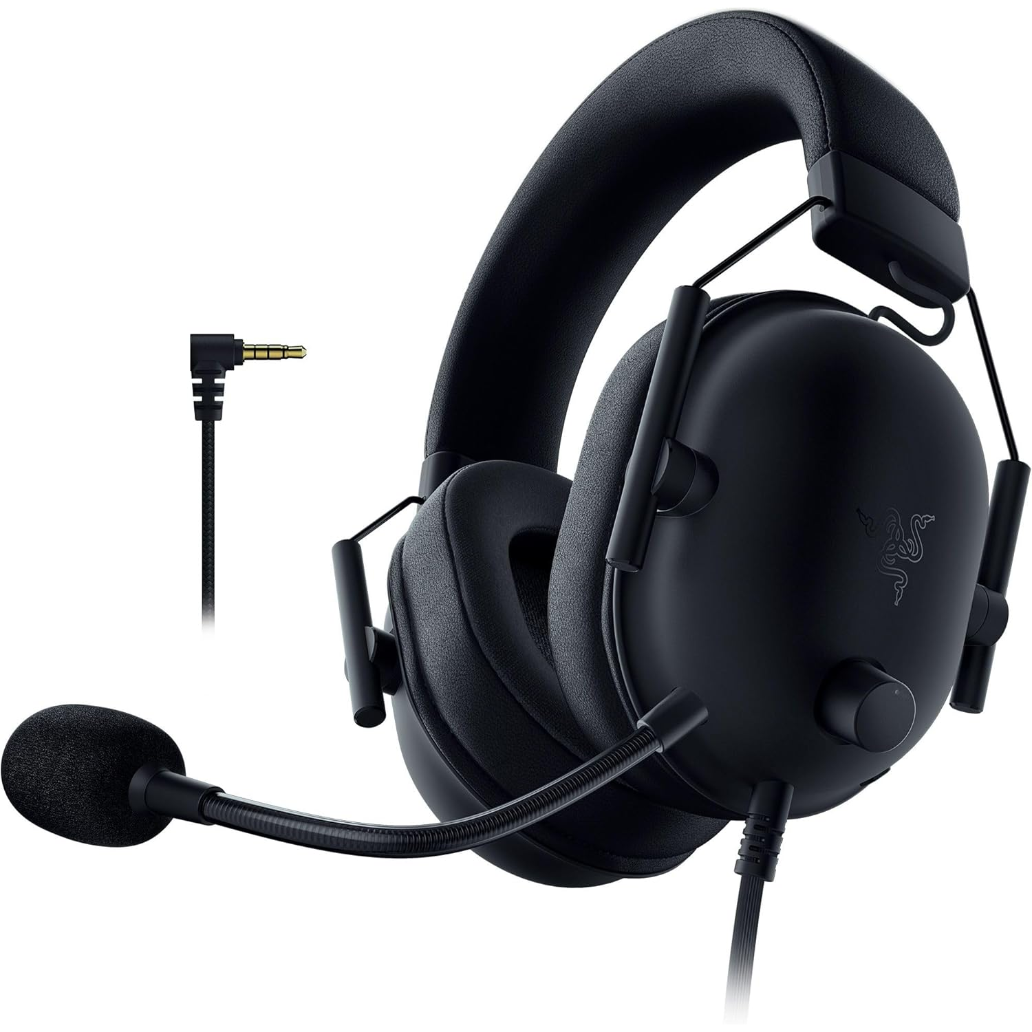 Black gaming headset with microphone. Black ear cups and headband.