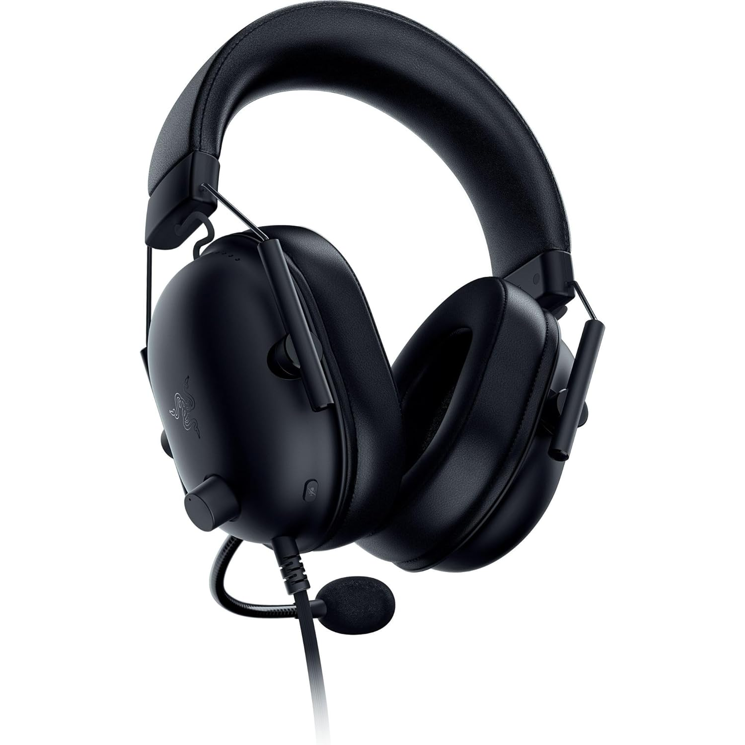 Black headset with a microphone. The headset is against a white background.