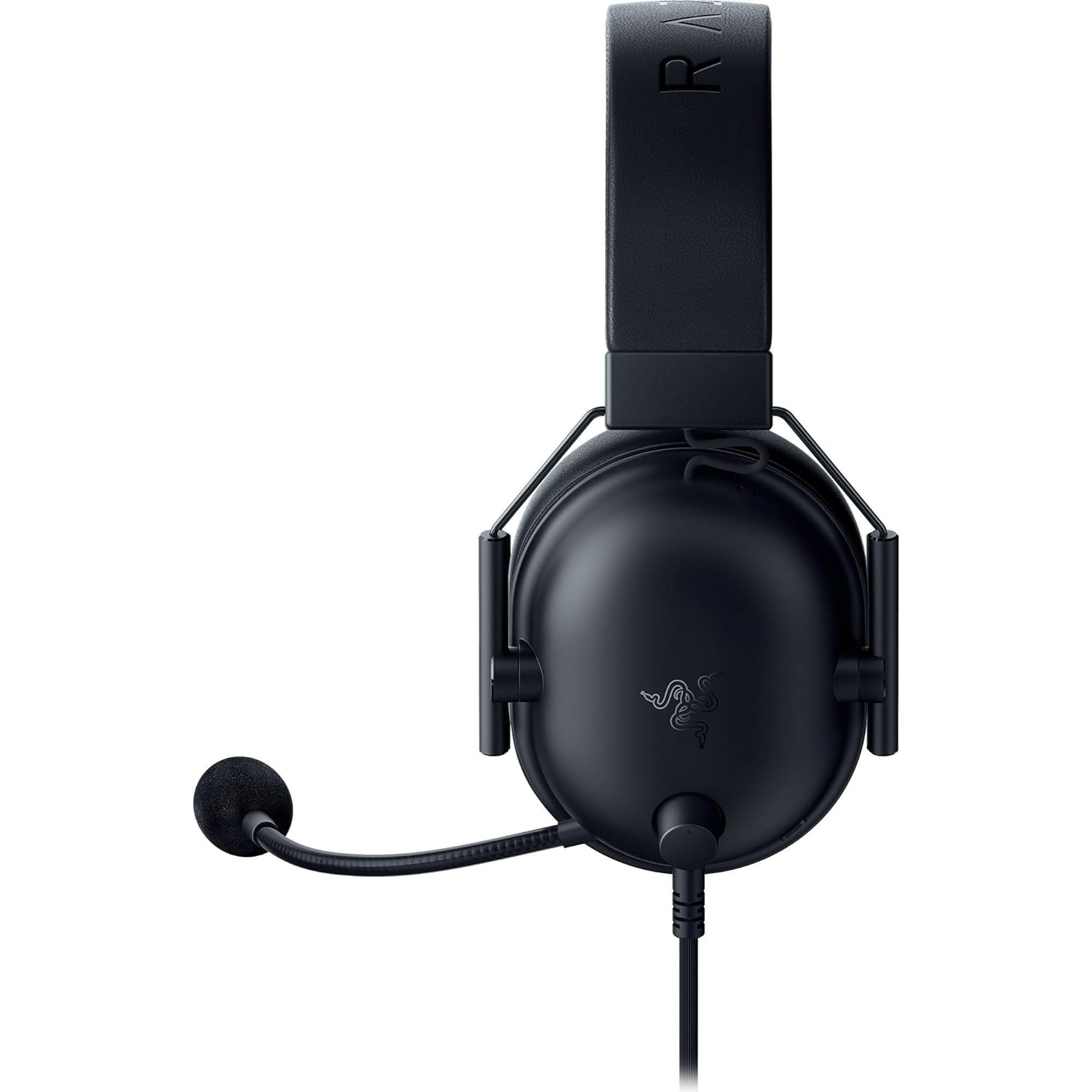 Black Razer gaming headset with a microphone, seen from the front, isolated on a white background.
