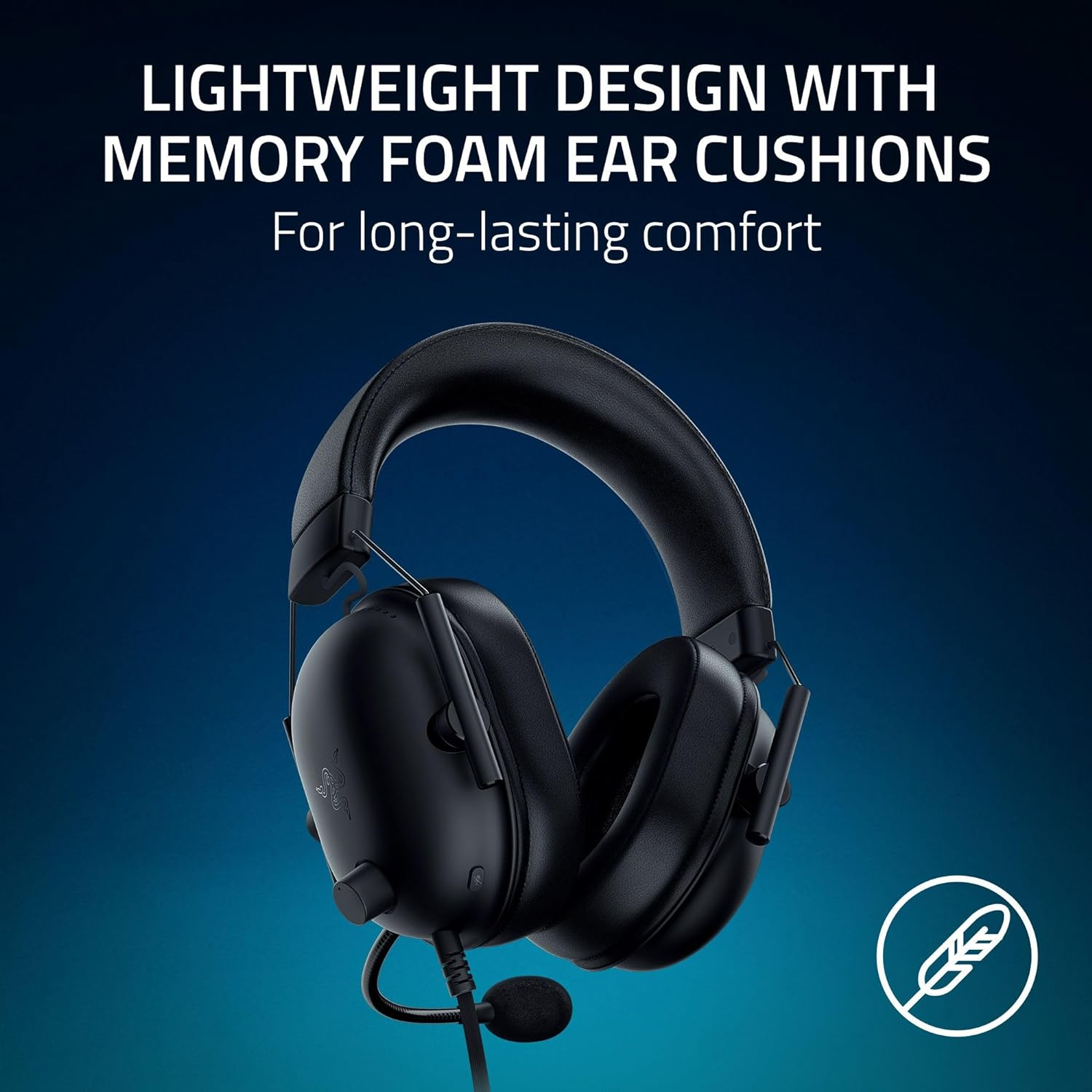Black headphones with a microphone. Text: Lightweight design with memory foam ear cushions for comfort.